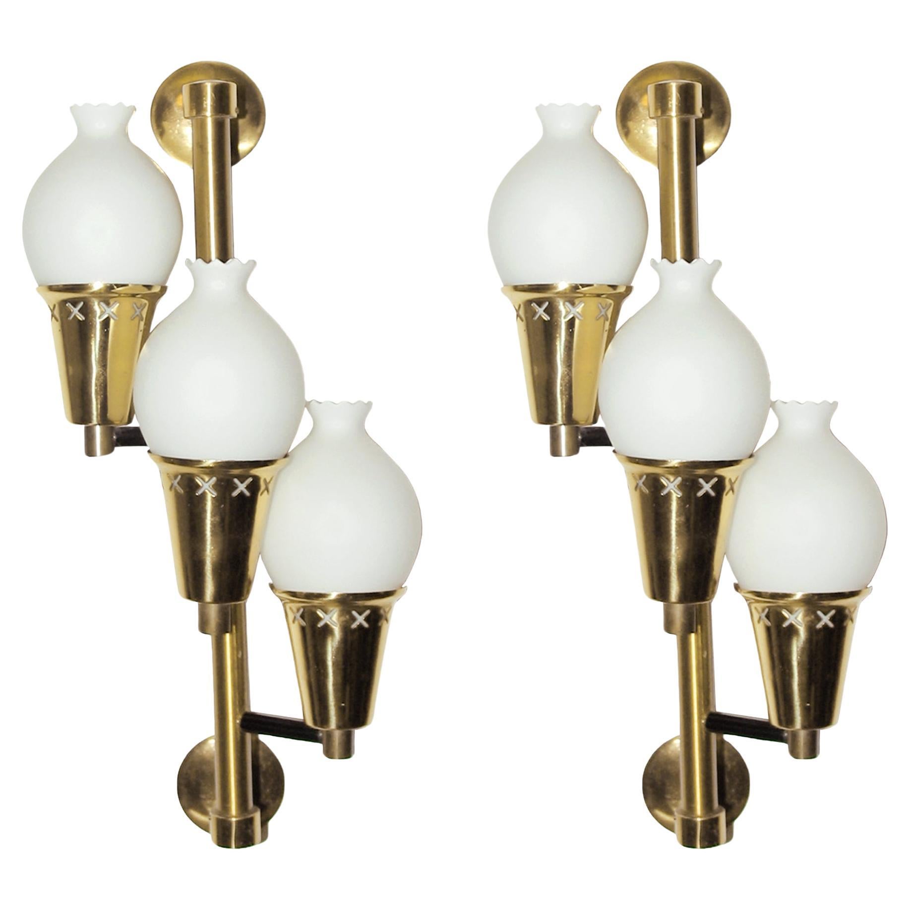 Mid-Century Scandinavian Pair of Brass and Glass Wall Lights For Sale