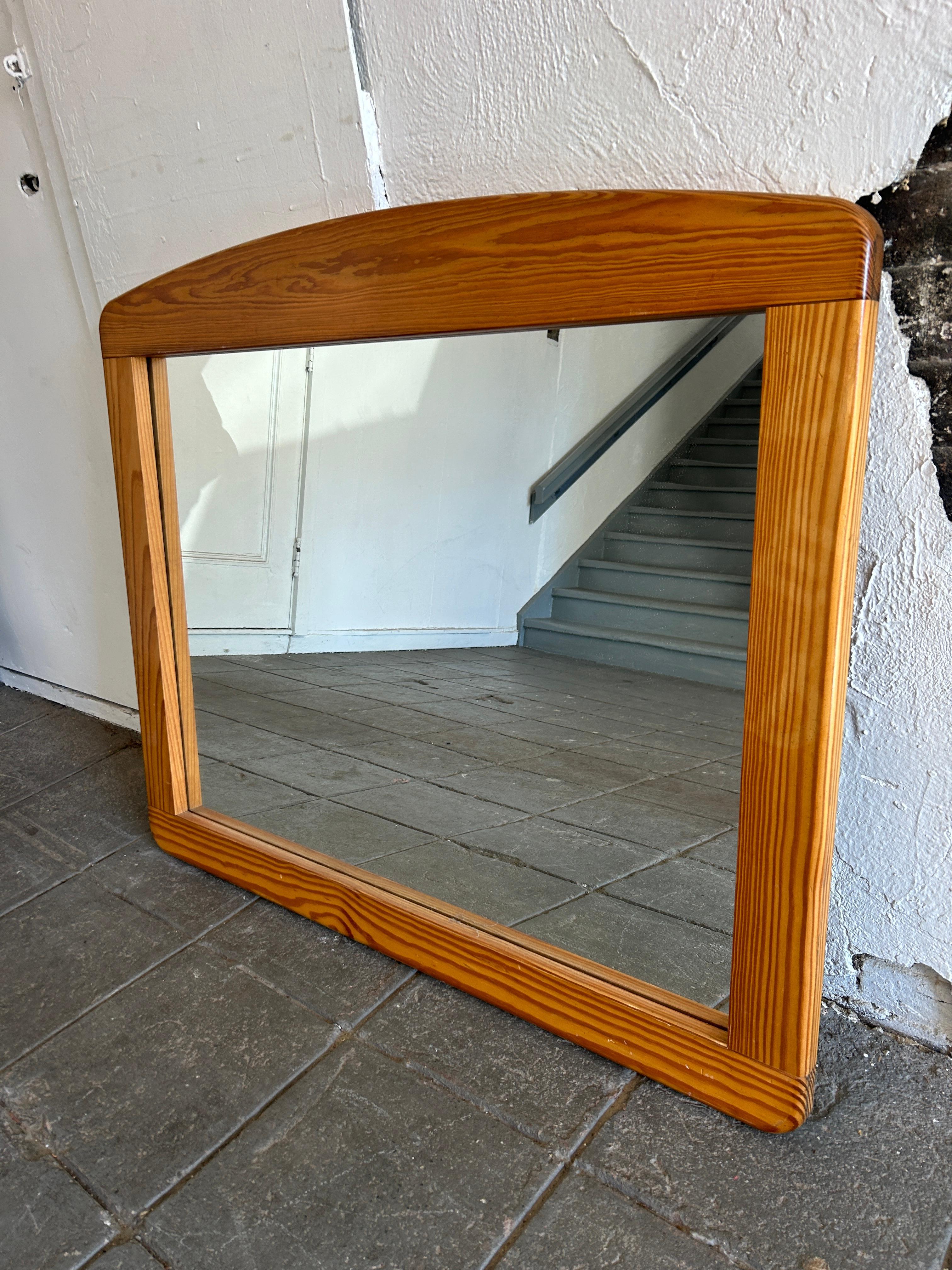 Scandinavian Modern Mid century Scandinavian pine wall mirror curved top For Sale