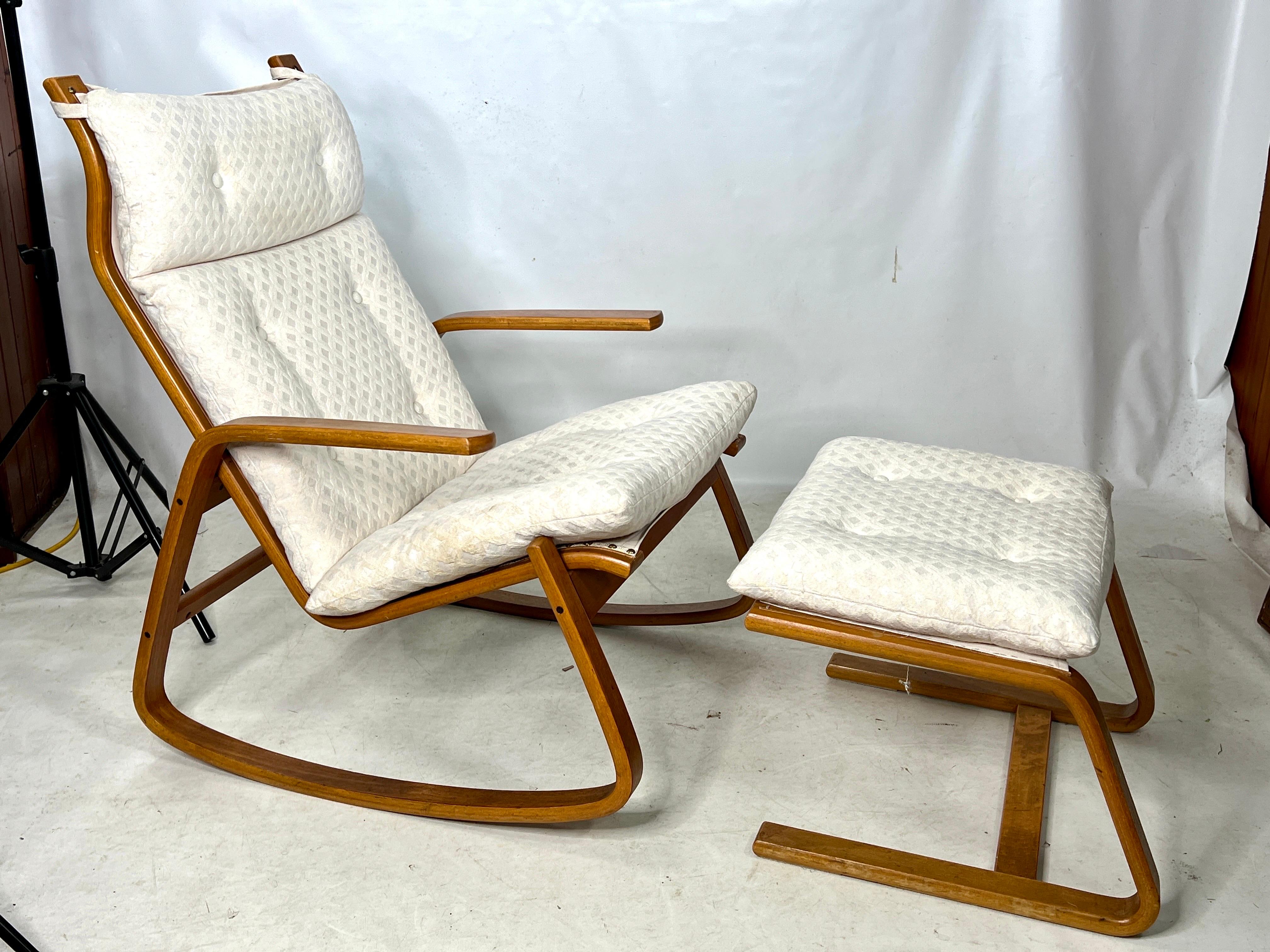 Unknown Mid Century Scandinavian Rocker by and Ottoman Attributed to Ingmar Relling For Sale