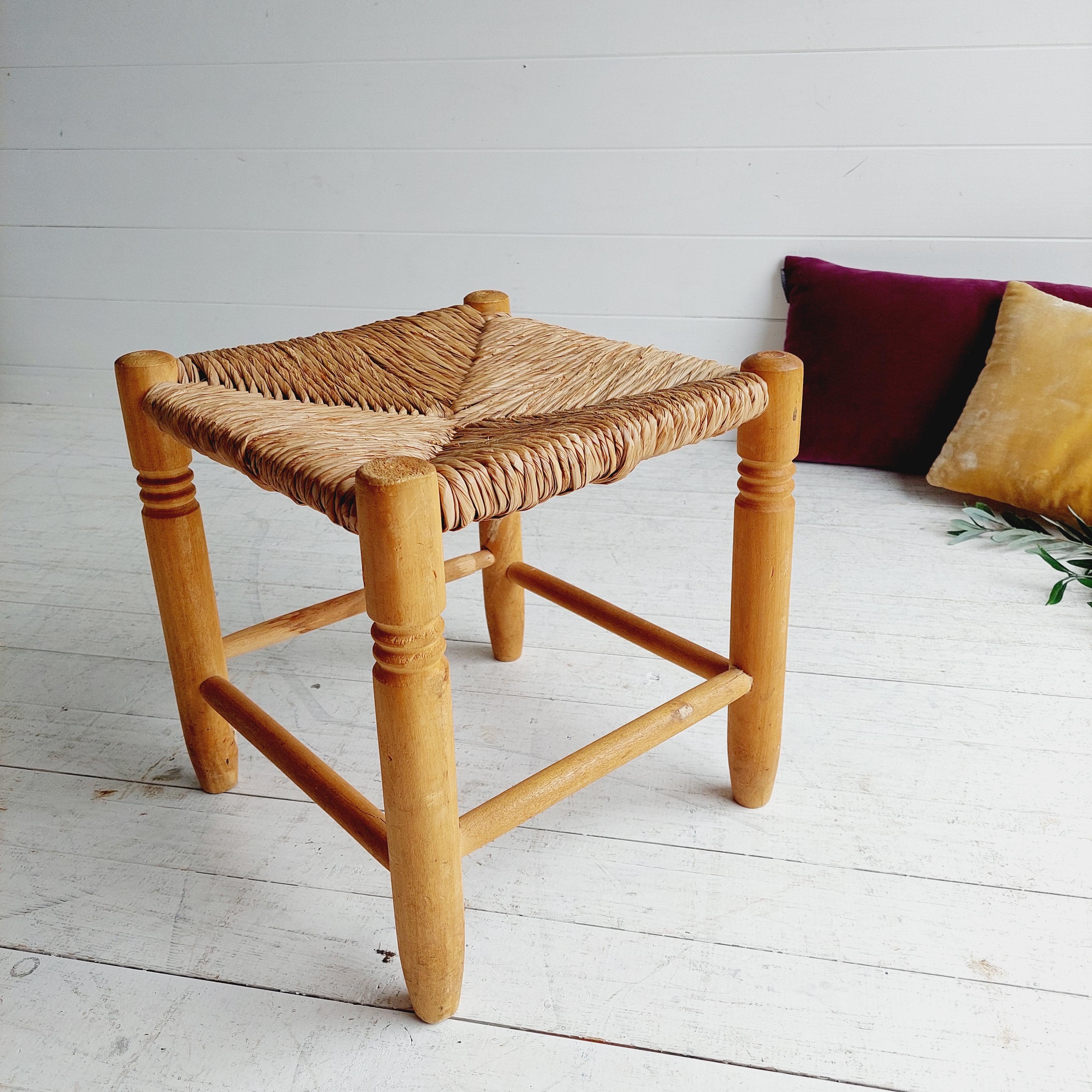French Mid Century Scandinavian Rustic Wood And Straw Stool Charlotte Perriand Style 50