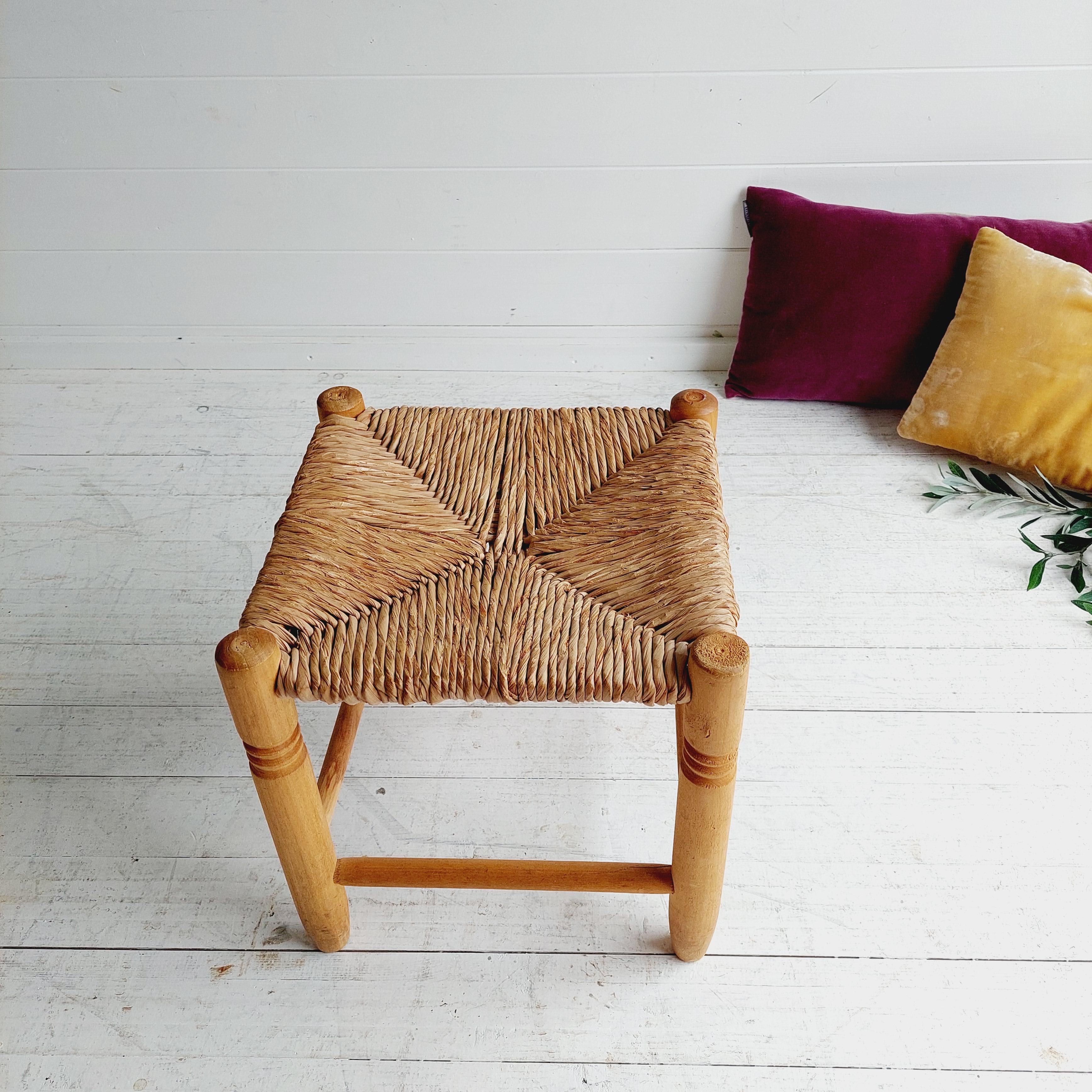 20th Century Mid Century Scandinavian Rustic Wood And Straw Stool Charlotte Perriand Style 50