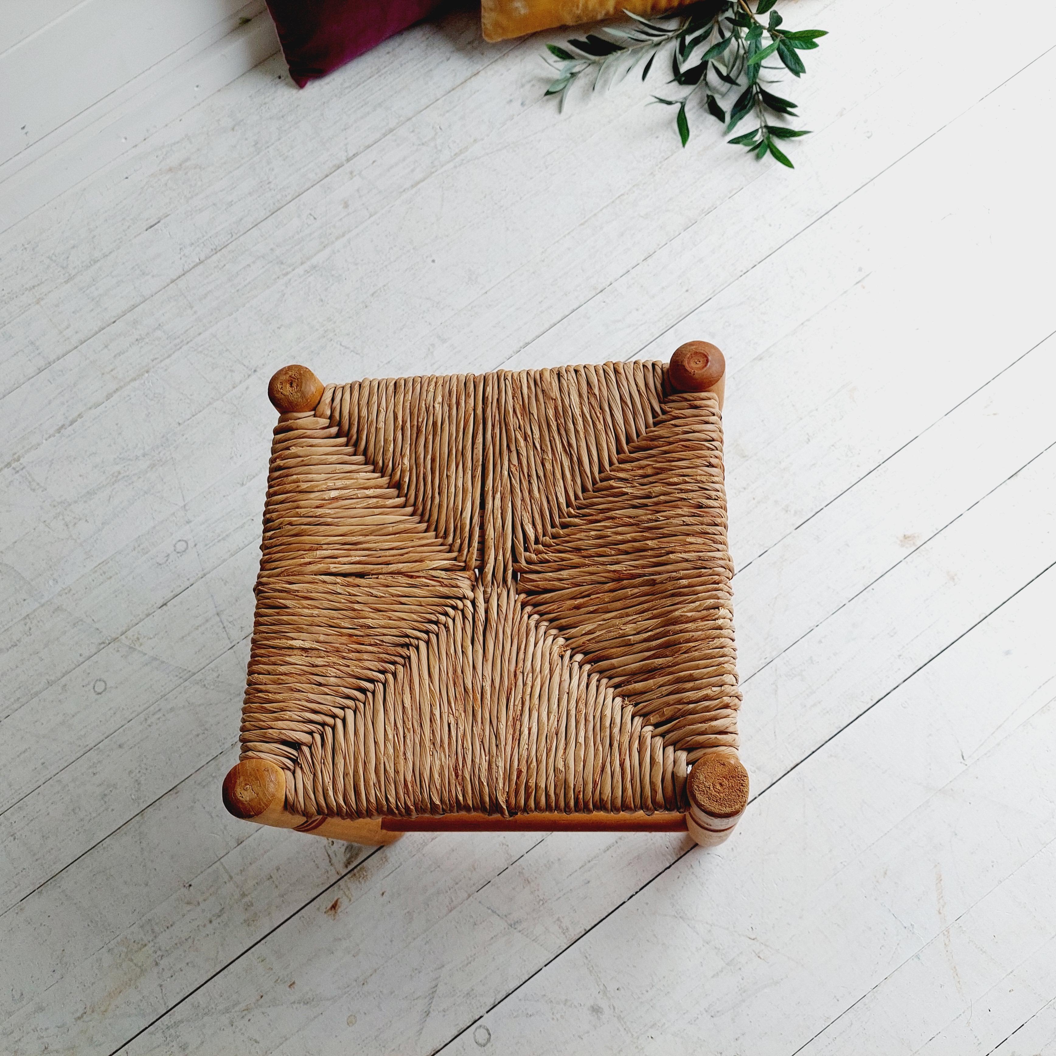 Mid Century Scandinavian Rustic Wood And Straw Stool Charlotte Perriand Style 50 1