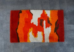 Mid Century Modern Rya Rug in Orange, Yellow, Red and White wool, Denmark 1970s