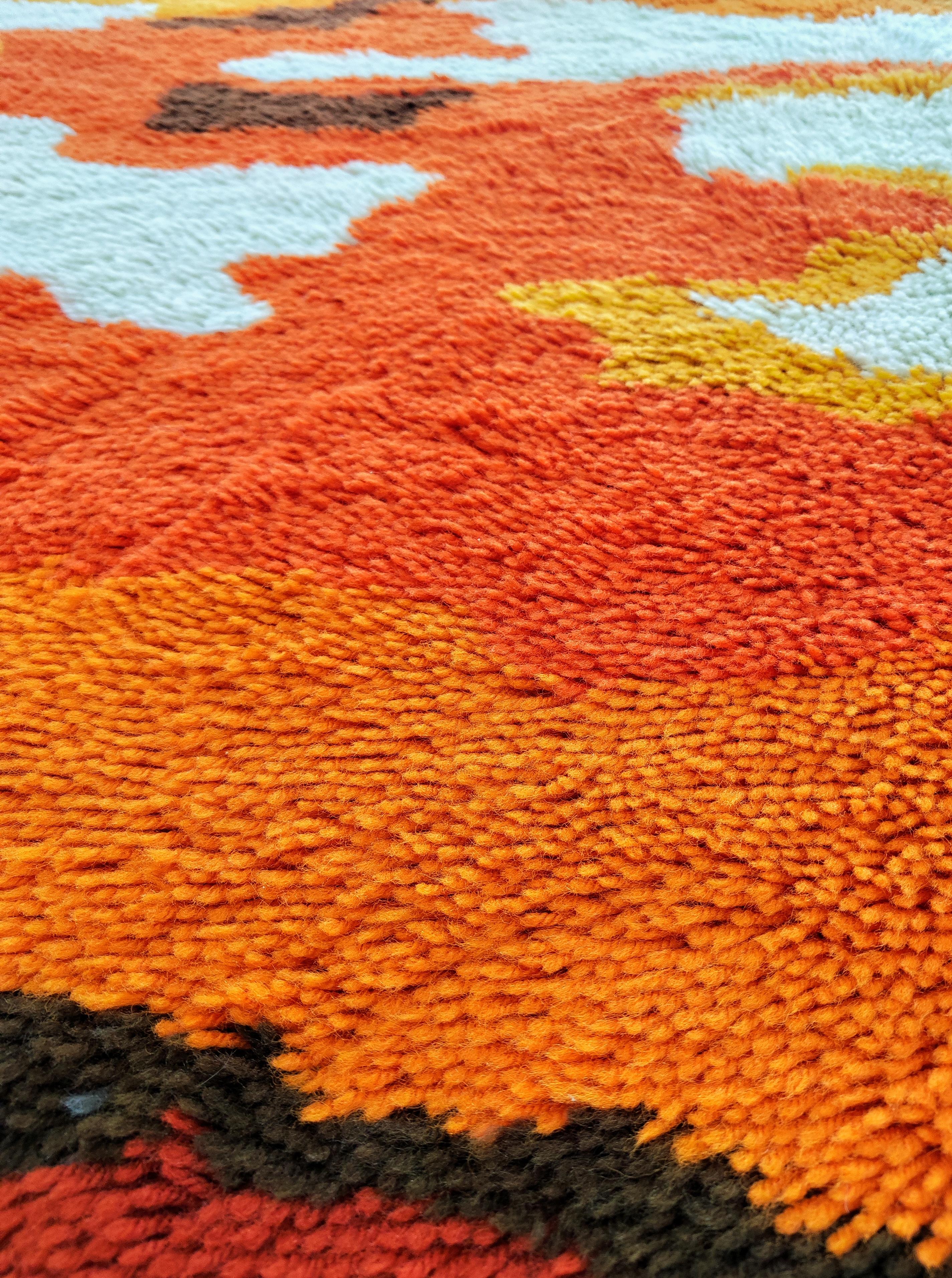 Woven Mid Century Scandinavian Rya Rug in Orange, Yellow, Red and White, Sweden 1970s For Sale