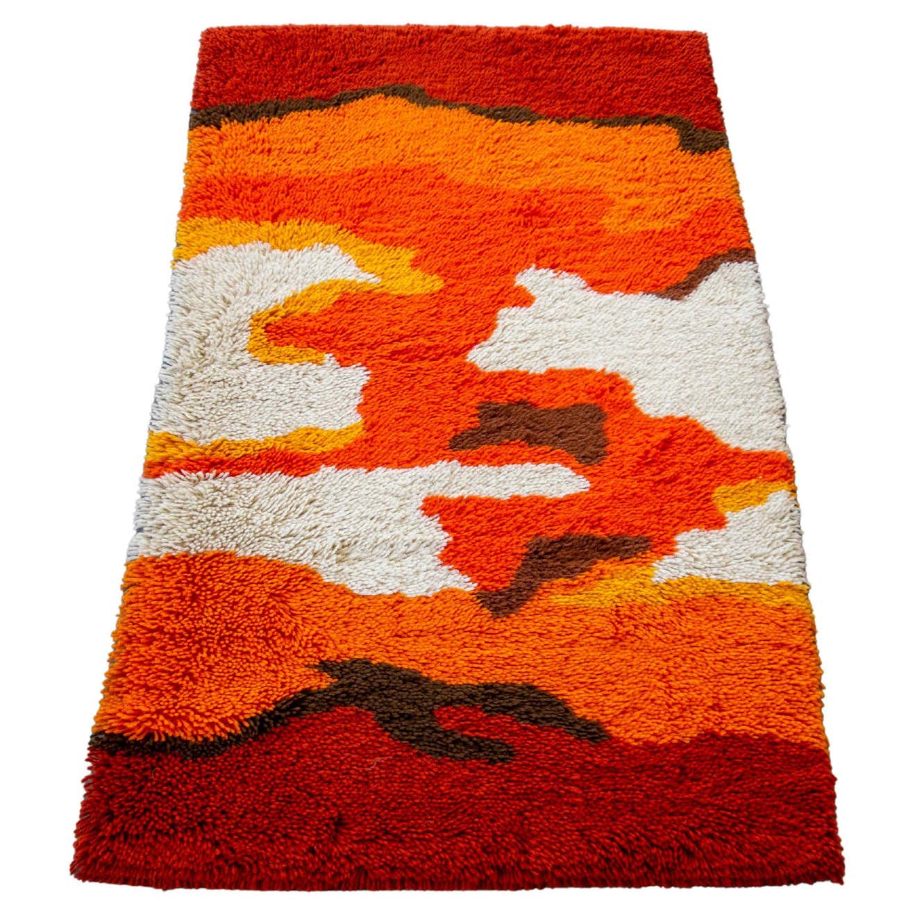 Mid Century Scandinavian Rya Rug in Orange, Yellow, Red and White ...