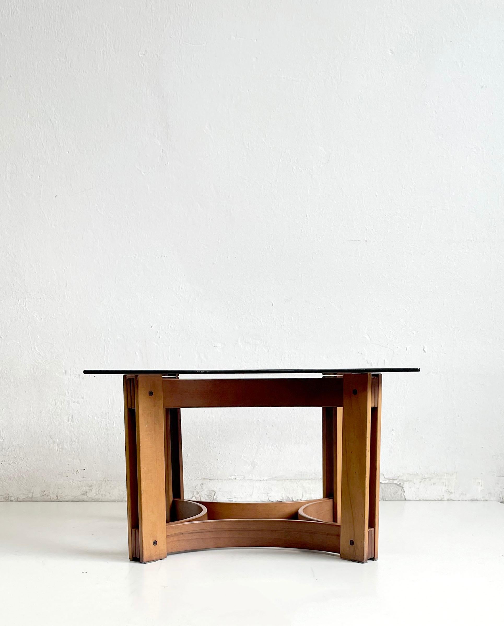 Modernist coffee table with sculptural geometric bentwood base and a freestanding tinted glass top

Modernist Scandinavian design, unknown designer and maker

The table base can be disassembled for safer transport

The table remains in a very