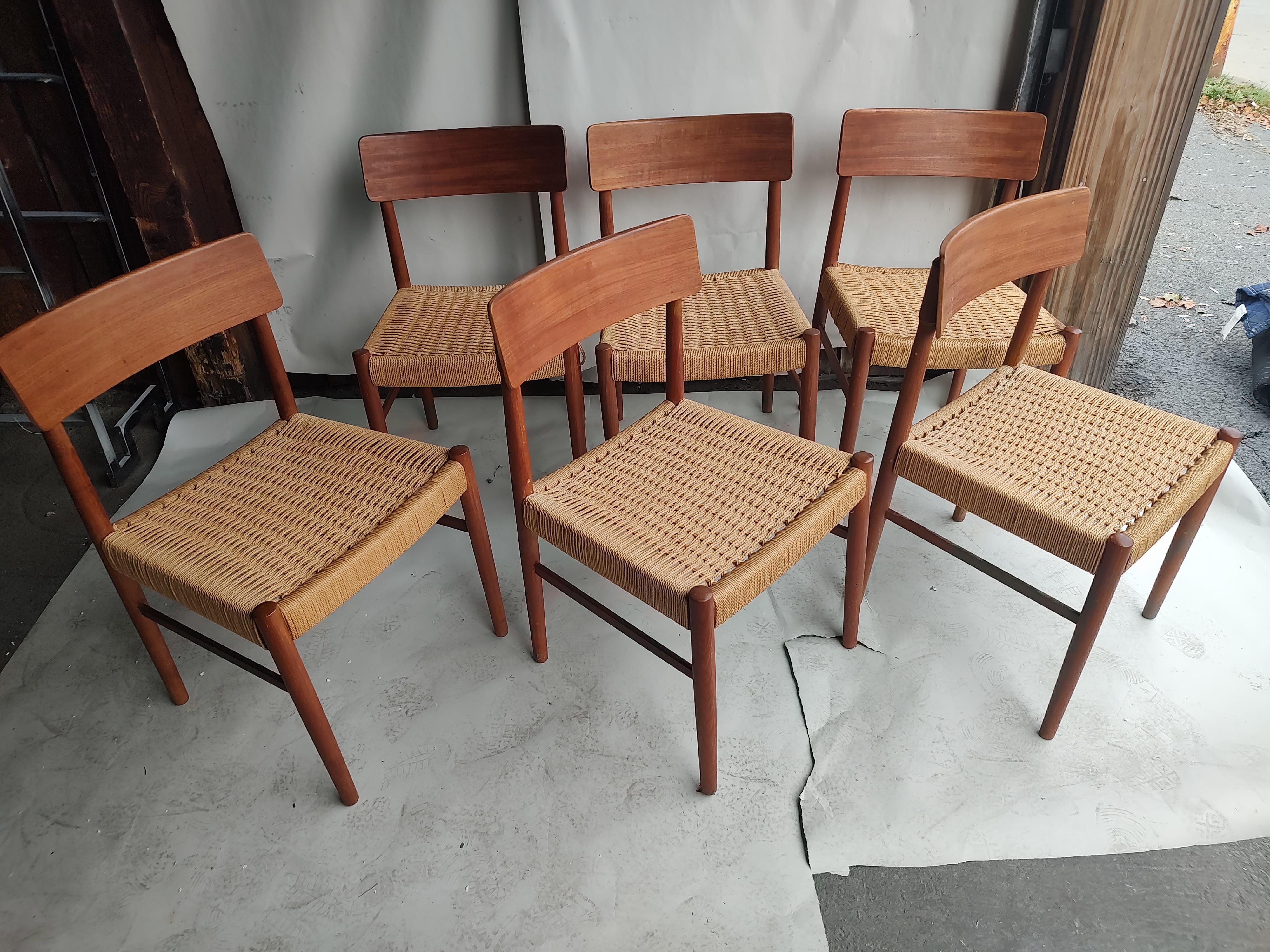 Mid Century Scandinavian Set of 6 Dining Chairs by Niels O Moller w Rope Seats  1