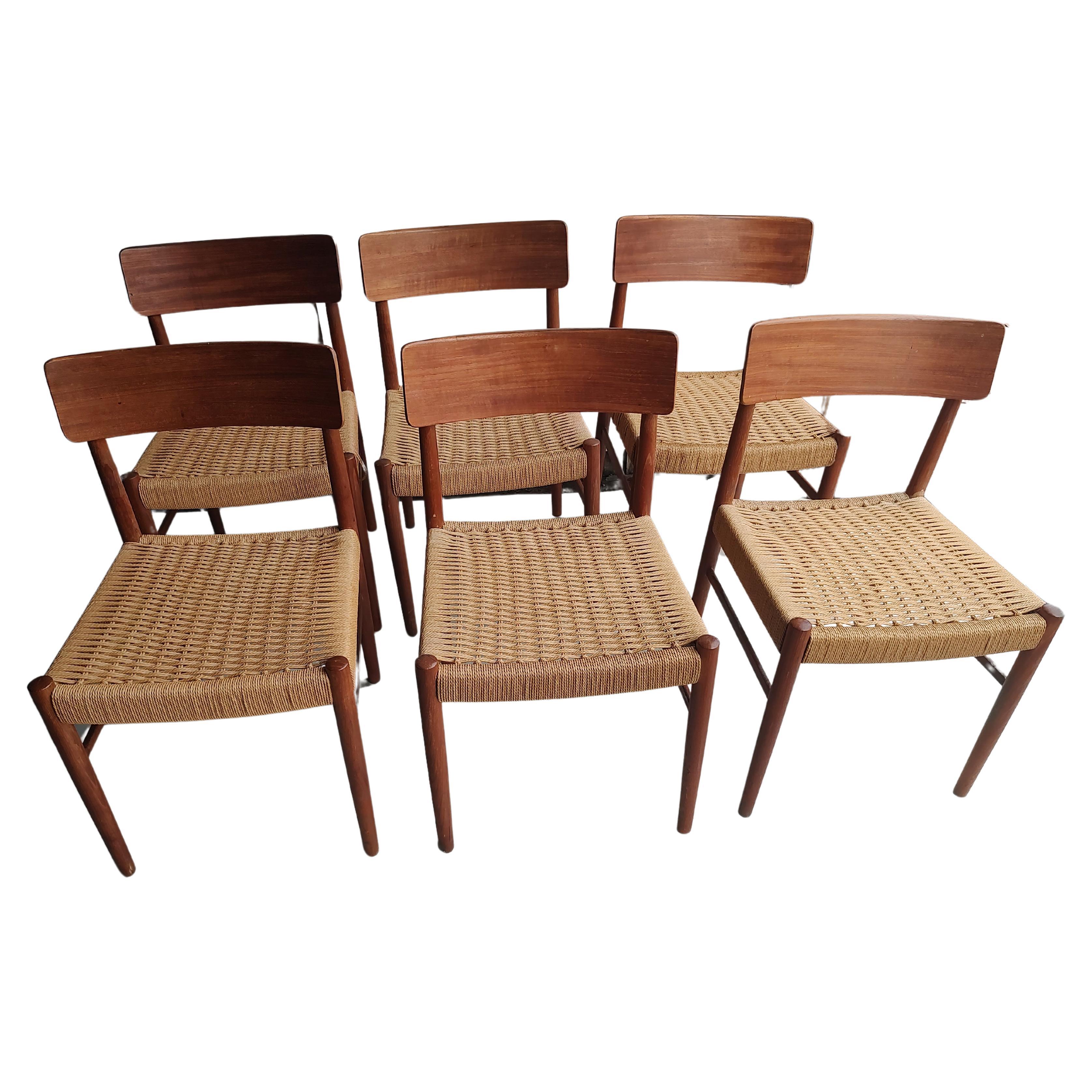 Mid Century Scandinavian Set of 6 Dining Chairs by Niels O Moller w Rope Seats 