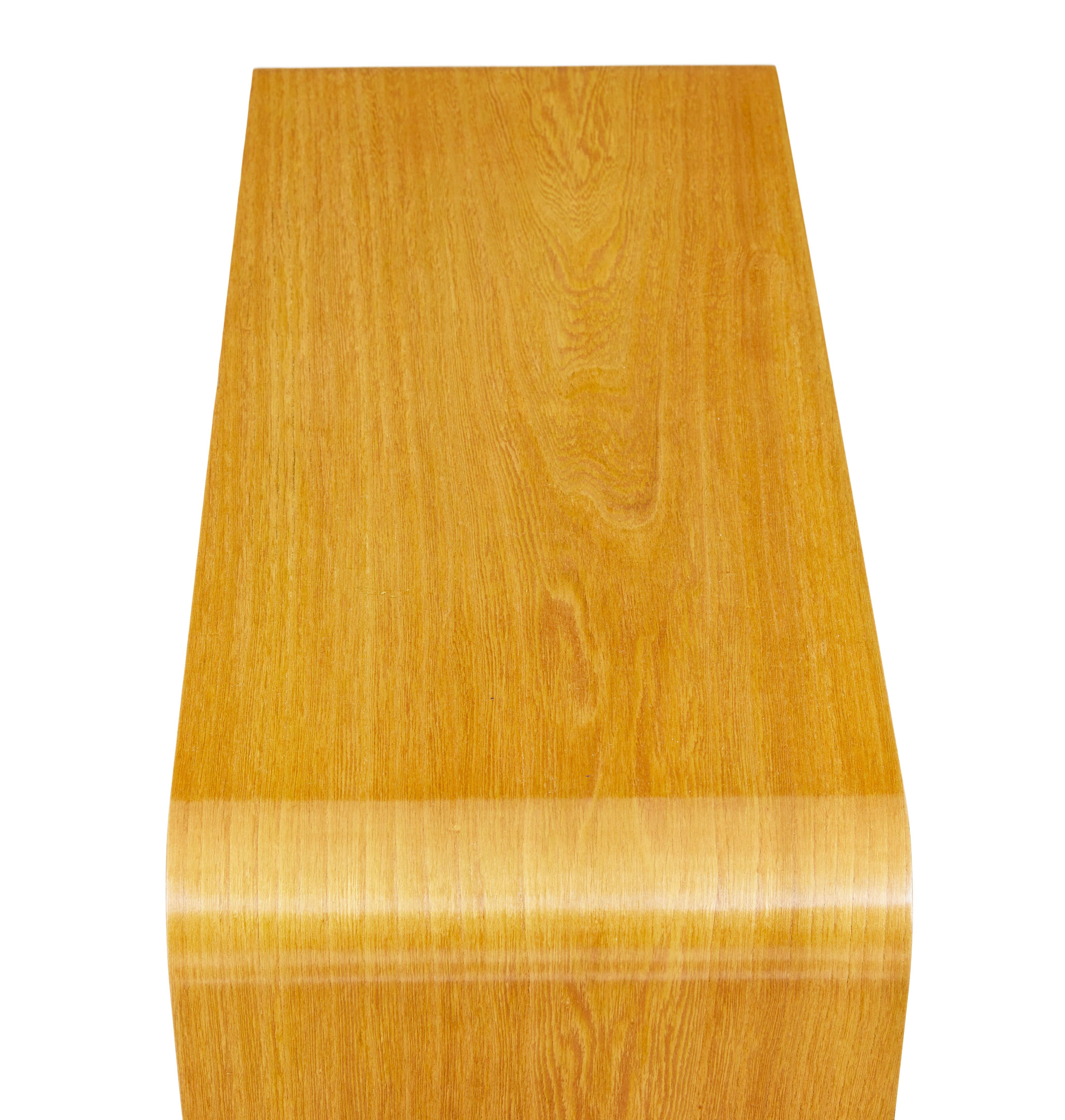 Mid century Scandinavian shaped birch bedside table circa 1960.

Good piece of Scandinavian modern furniture circa 1960. Curved shape sides, with open space below which a burr birch drawer and larger open aperture below.

Ideal for use as a bedside