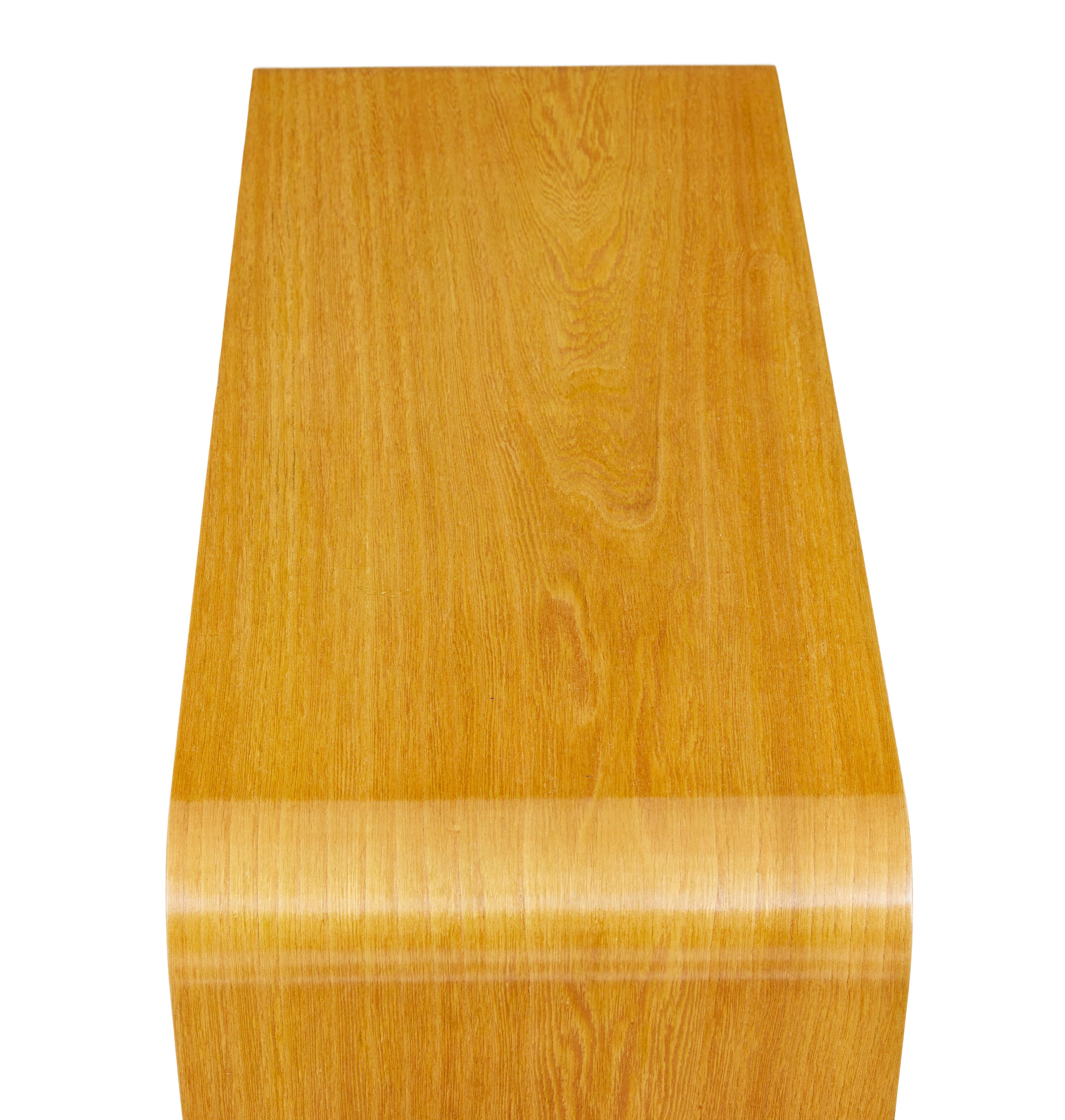 Mid century Scandinavian shaped birch bedside table circa 1960.

Good piece of Scandinavian modern furniture circa 1960. Curved shape sides, with open space below which a burr birch drawer and larger open aperture below.

Ideal for use as a bedside