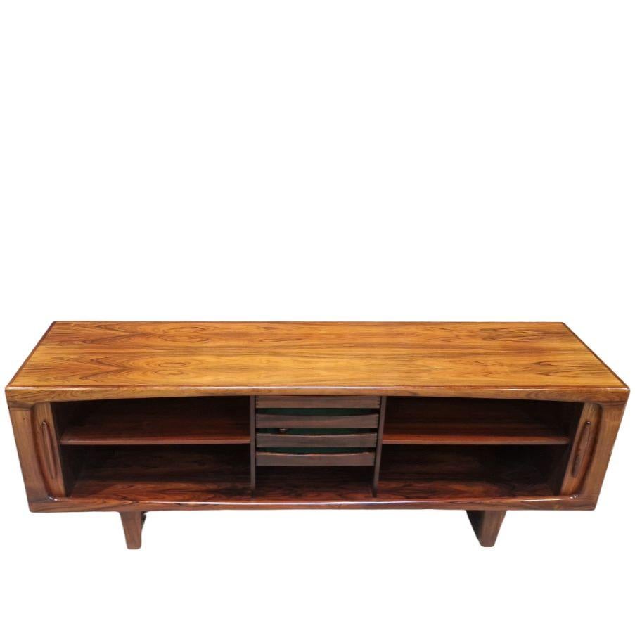Mid century Scandinavian sideboard with revolving doors and sled legs 1