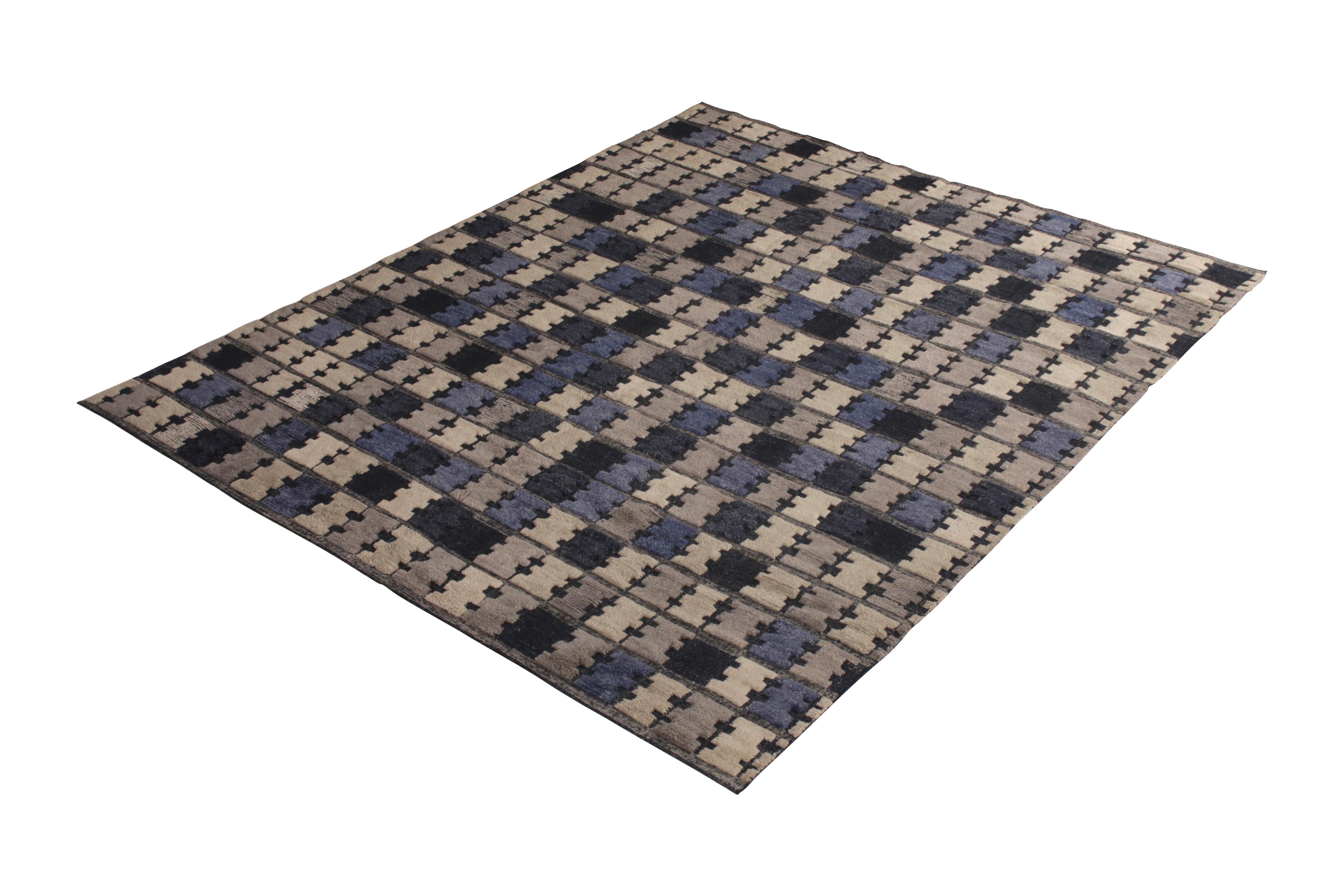 Hand knotted in texturally soft, durable wool pile, this modern rug hails from the latest pile additions to Rug & Kilim’s Scandinavian collection, a celebration of Swedish modernism with new large scale geometry and exciting vintage colorways like