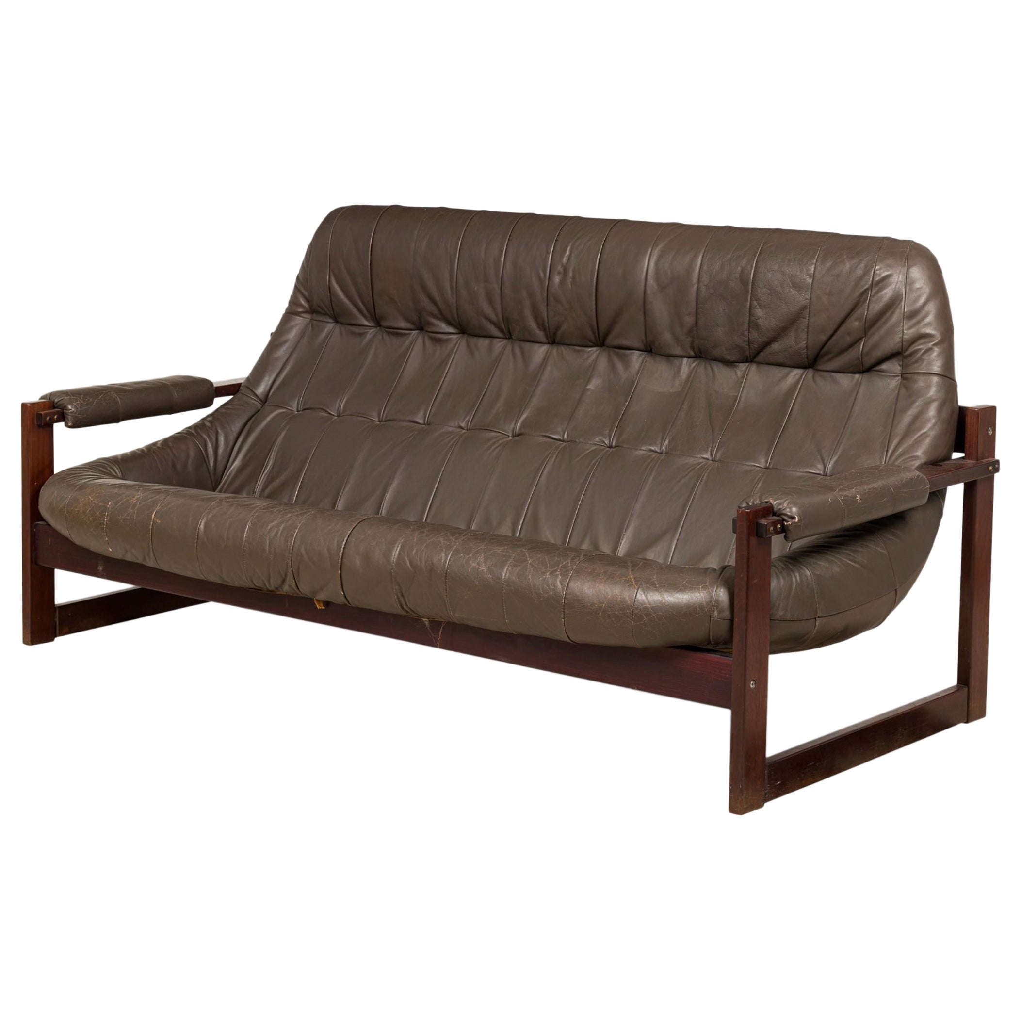 Mid-Century Scandinavian style Tufted Leather Upholstered Sofa on Rectilinear For Sale