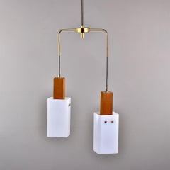 Mid Century Scandinavian Teak Brass and Glass Two Light Fixture