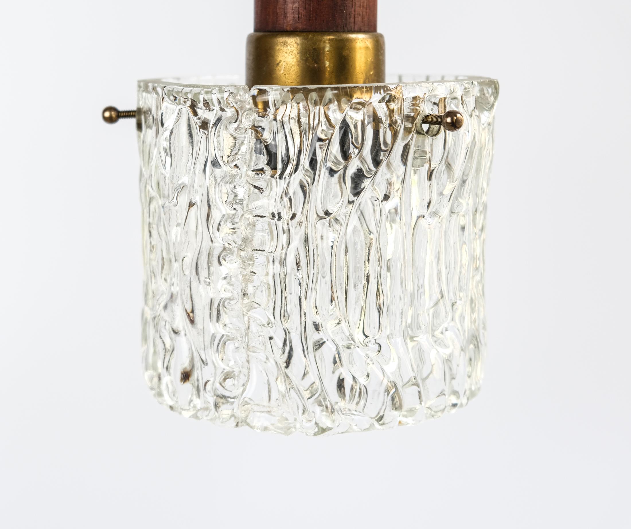 Mid-Century Scandinavian Teak, Brass & Textured Ice Glass Pendant Light, 1960s For Sale 5