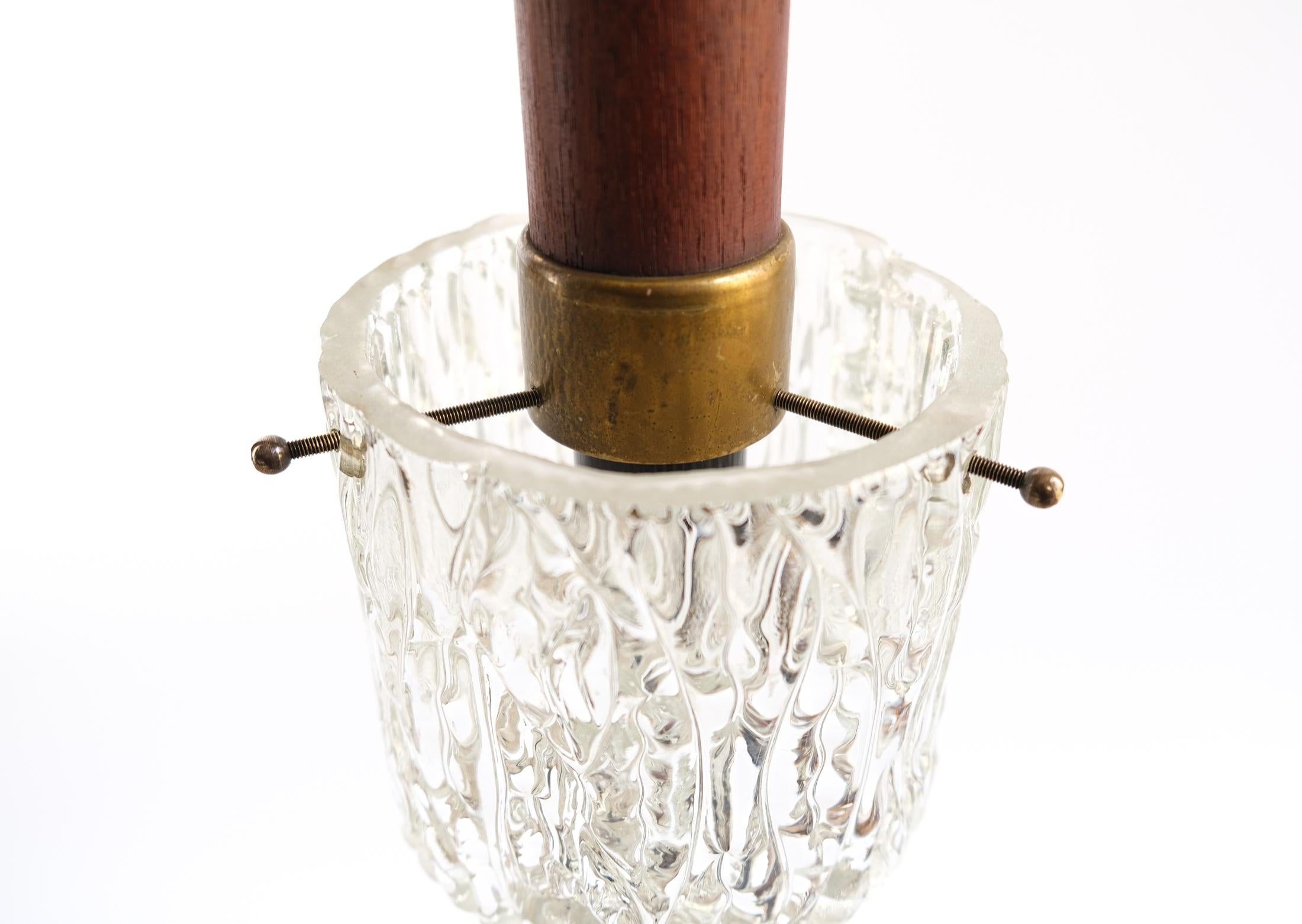 Mid-Century Scandinavian Teak, Brass & Textured Ice Glass Pendant Light, 1960s For Sale 6