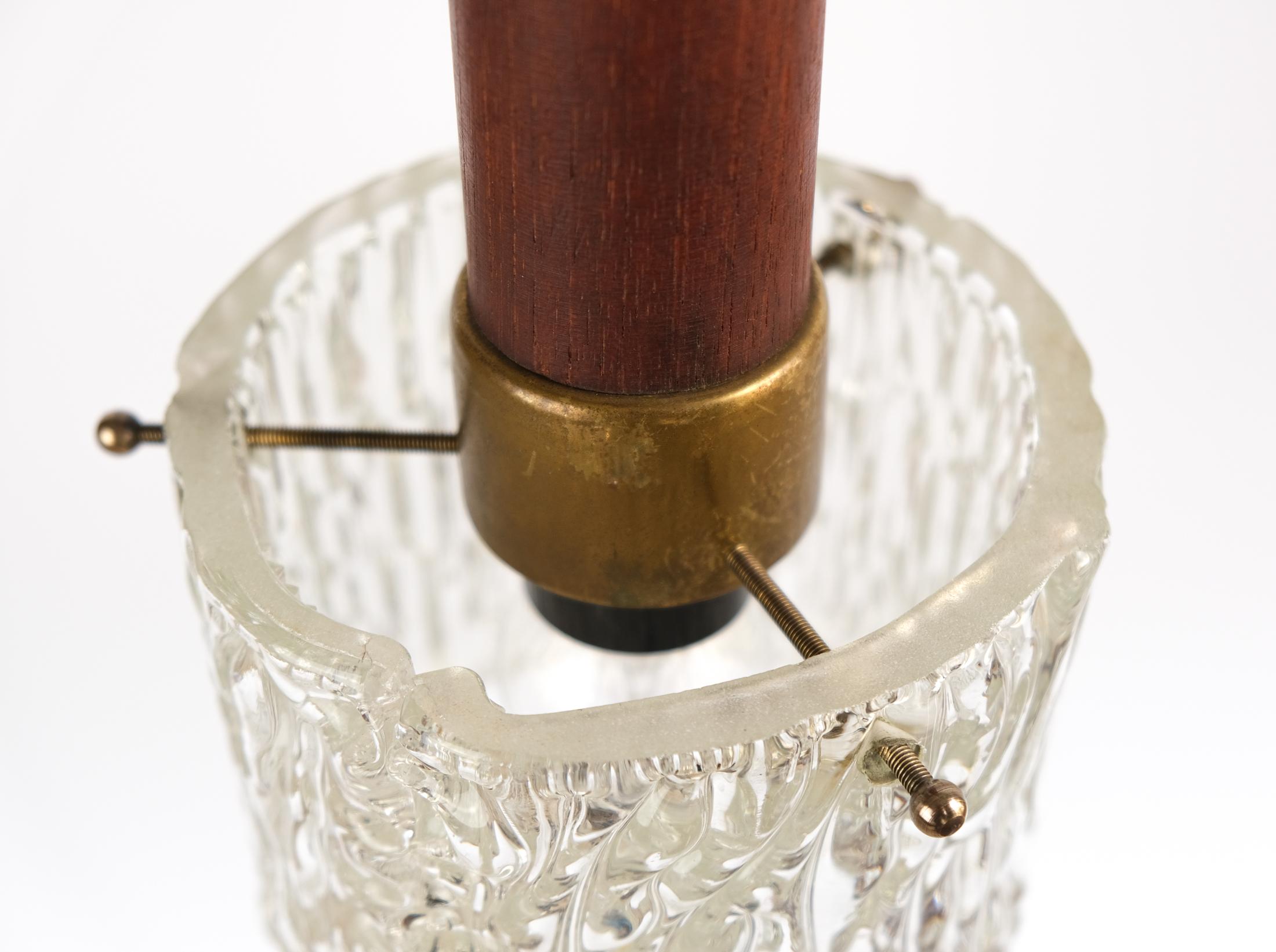 Mid-Century Scandinavian Teak, Brass & Textured Ice Glass Pendant Light, 1960s For Sale 7