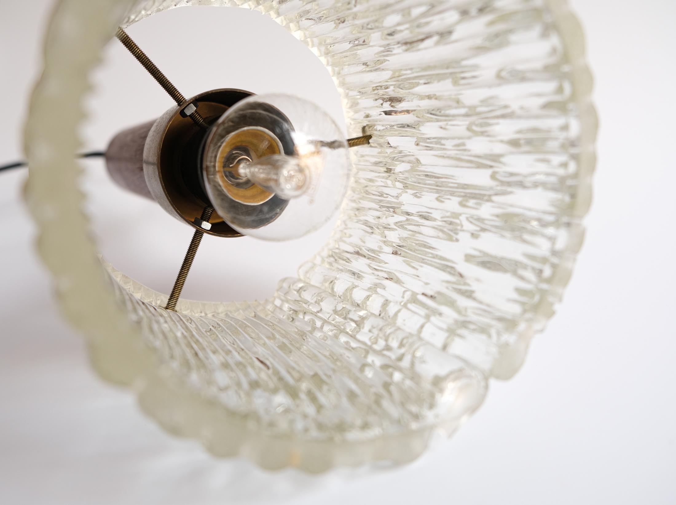 Mid-Century Scandinavian Teak, Brass & Textured Ice Glass Pendant Light, 1960s For Sale 12