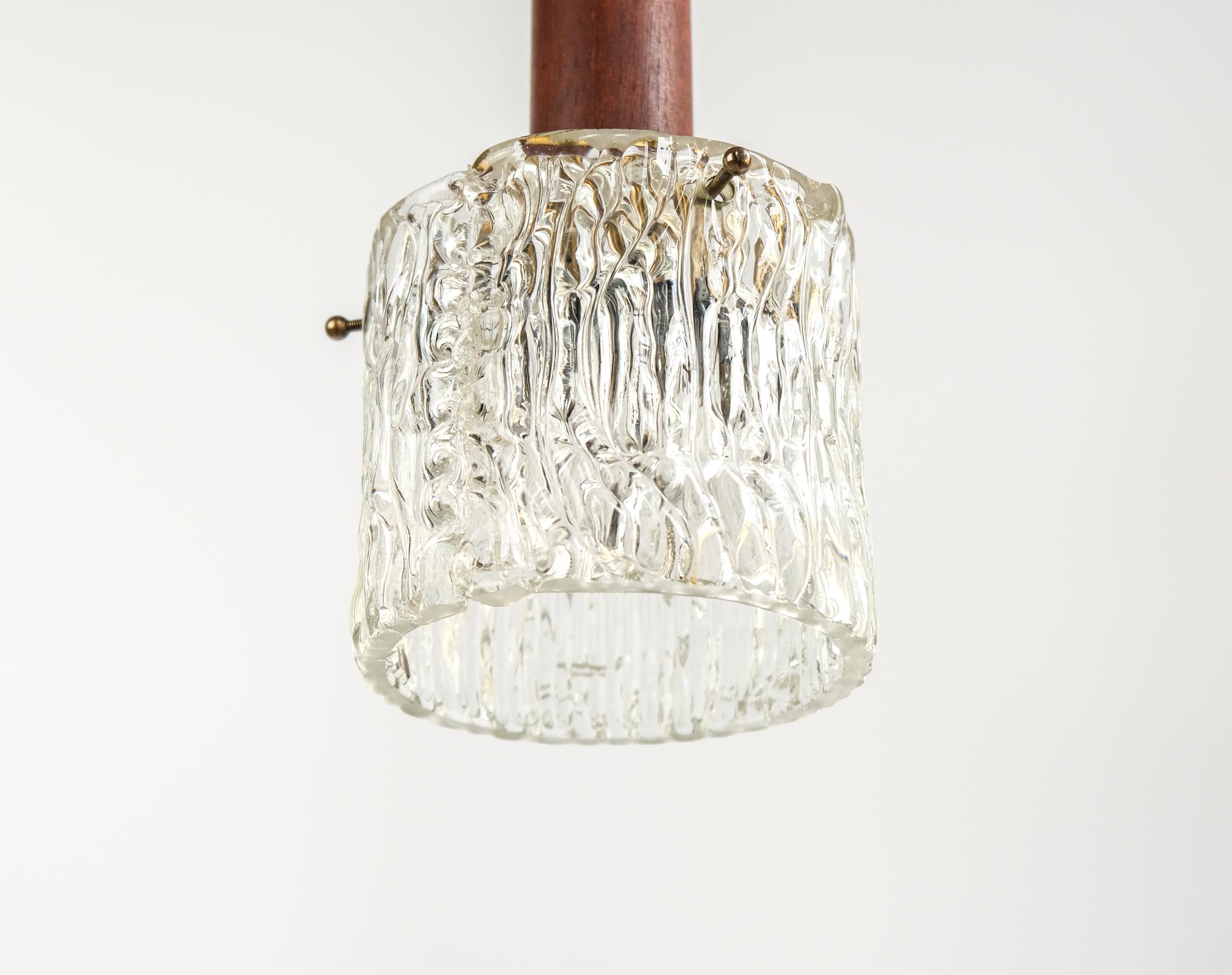 20th Century Mid-Century Scandinavian Teak, Brass & Textured Ice Glass Pendant Light, 1960s For Sale
