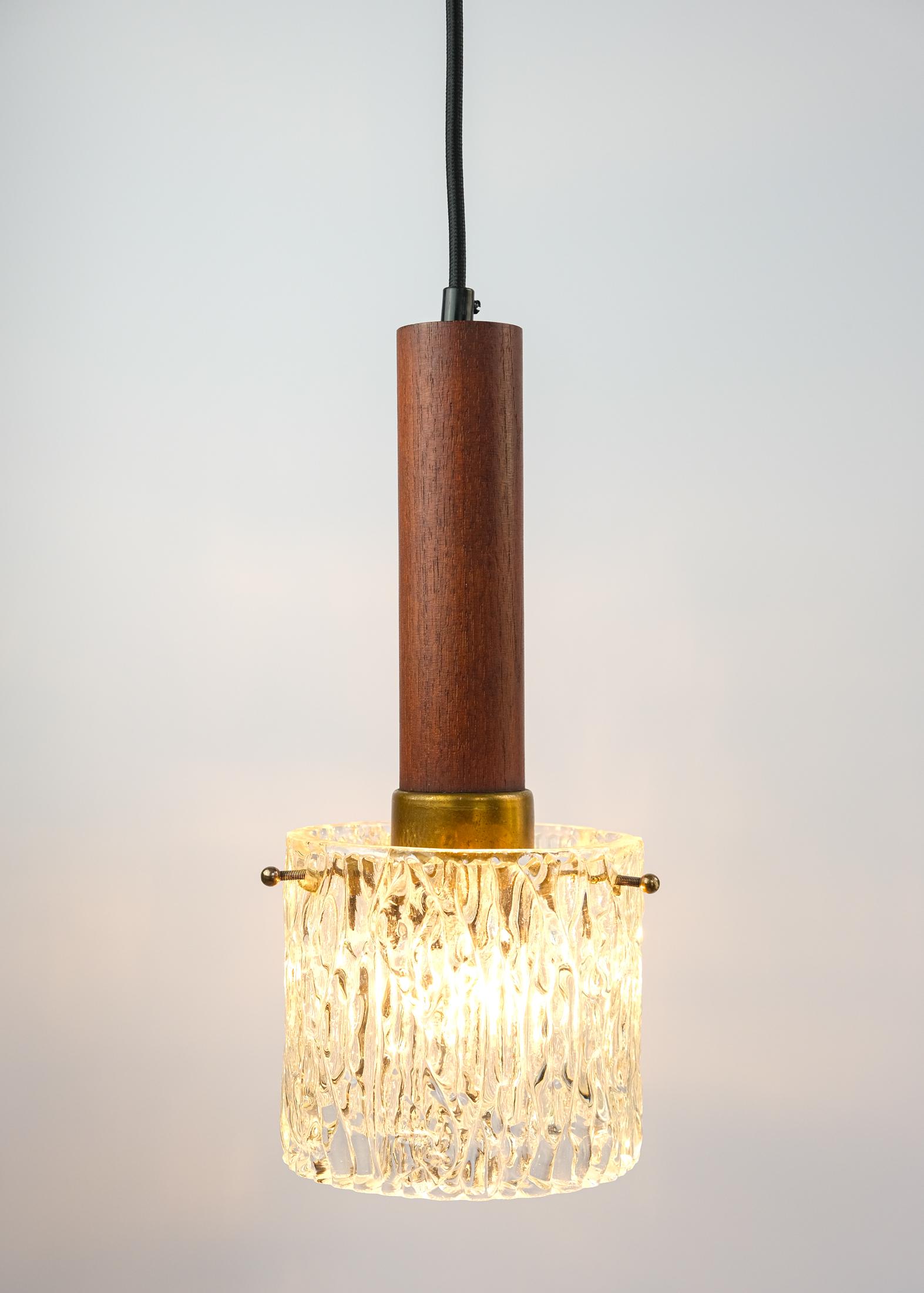 Mid-Century Scandinavian Teak, Brass & Textured Ice Glass Pendant Light, 1960s For Sale 2