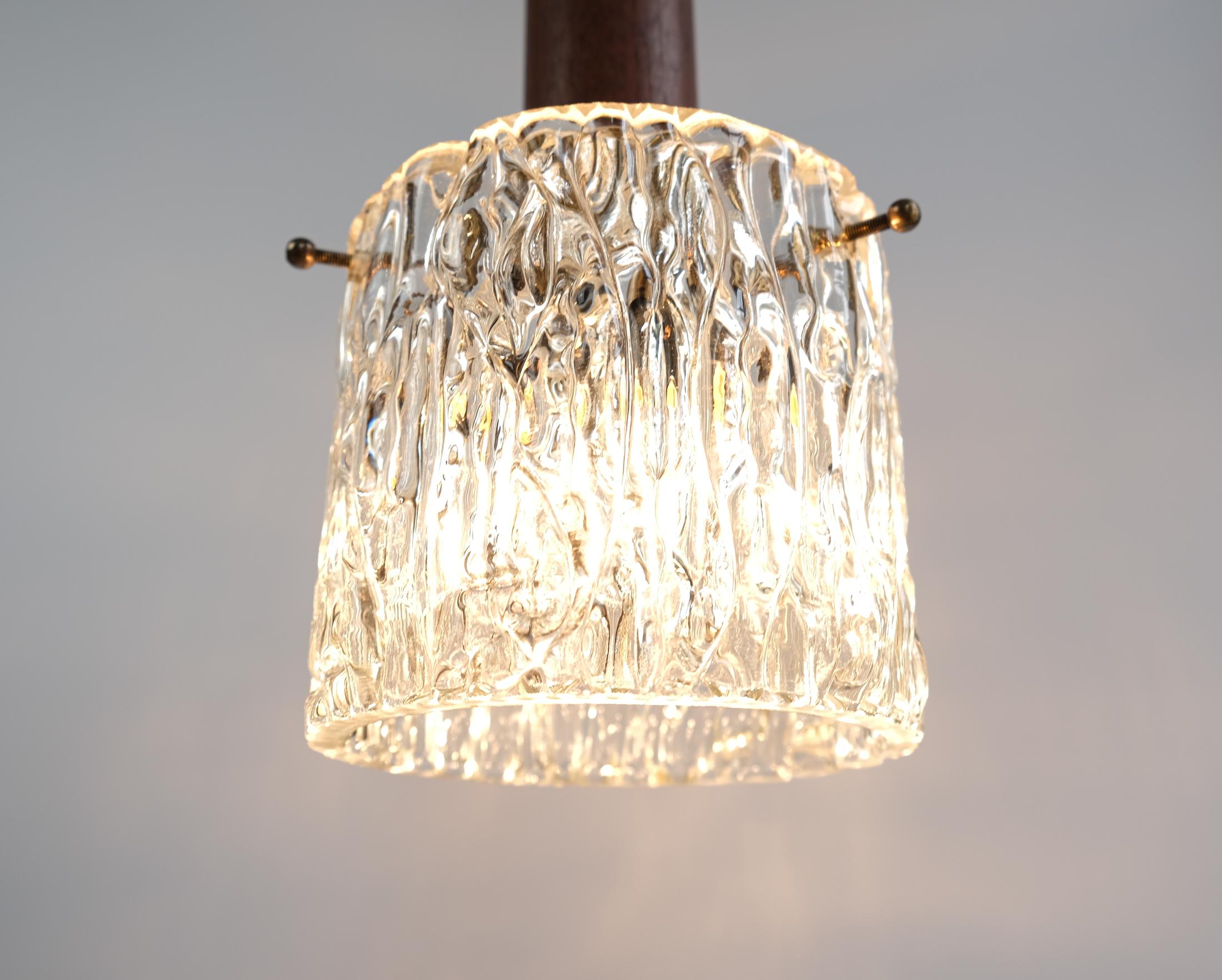 Mid-Century Scandinavian Teak, Brass & Textured Ice Glass Pendant Light, 1960s For Sale 4