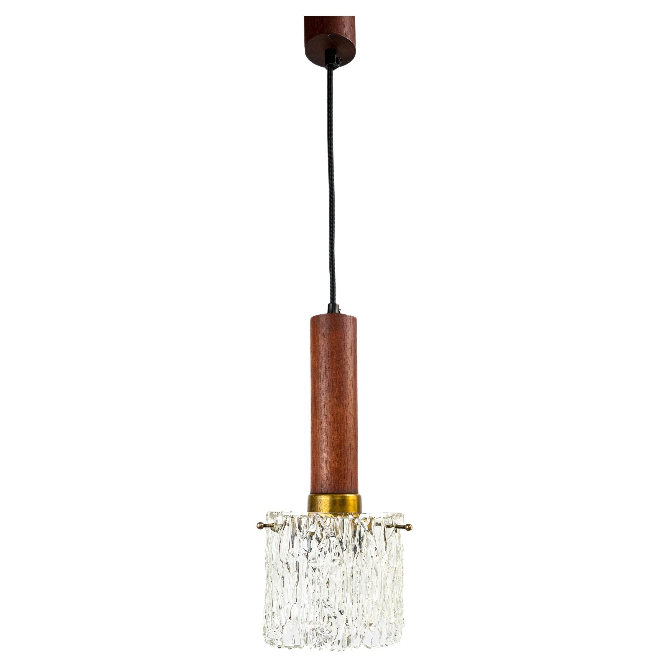 Mid-Century Scandinavian Teak, Brass & Textured Ice Glass Pendant Light, 1960s For Sale