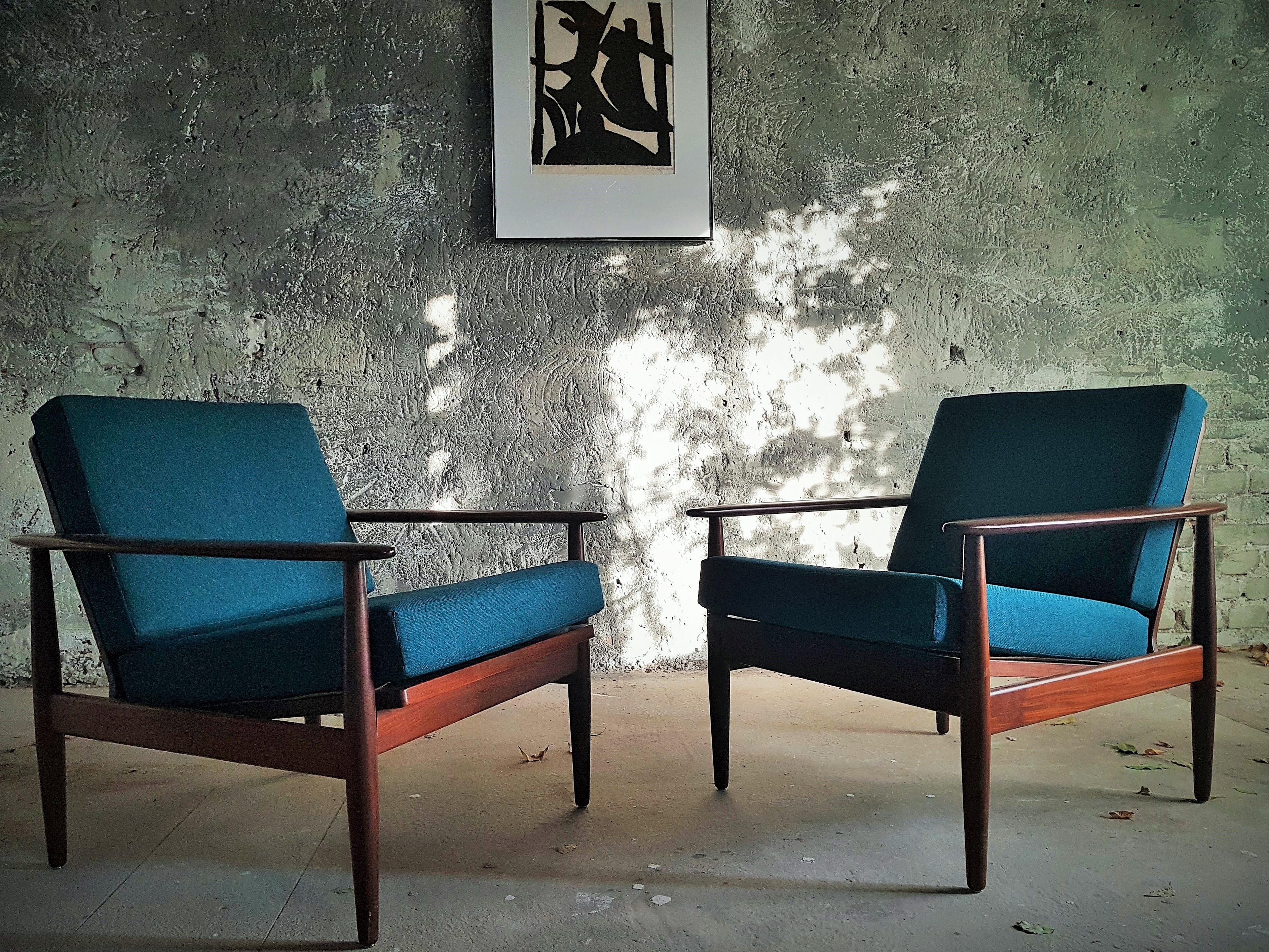 Fabric Pair of Mid-Century Scandinavian Teak Lounge Chair Armchair, Denmark, 1960 For Sale