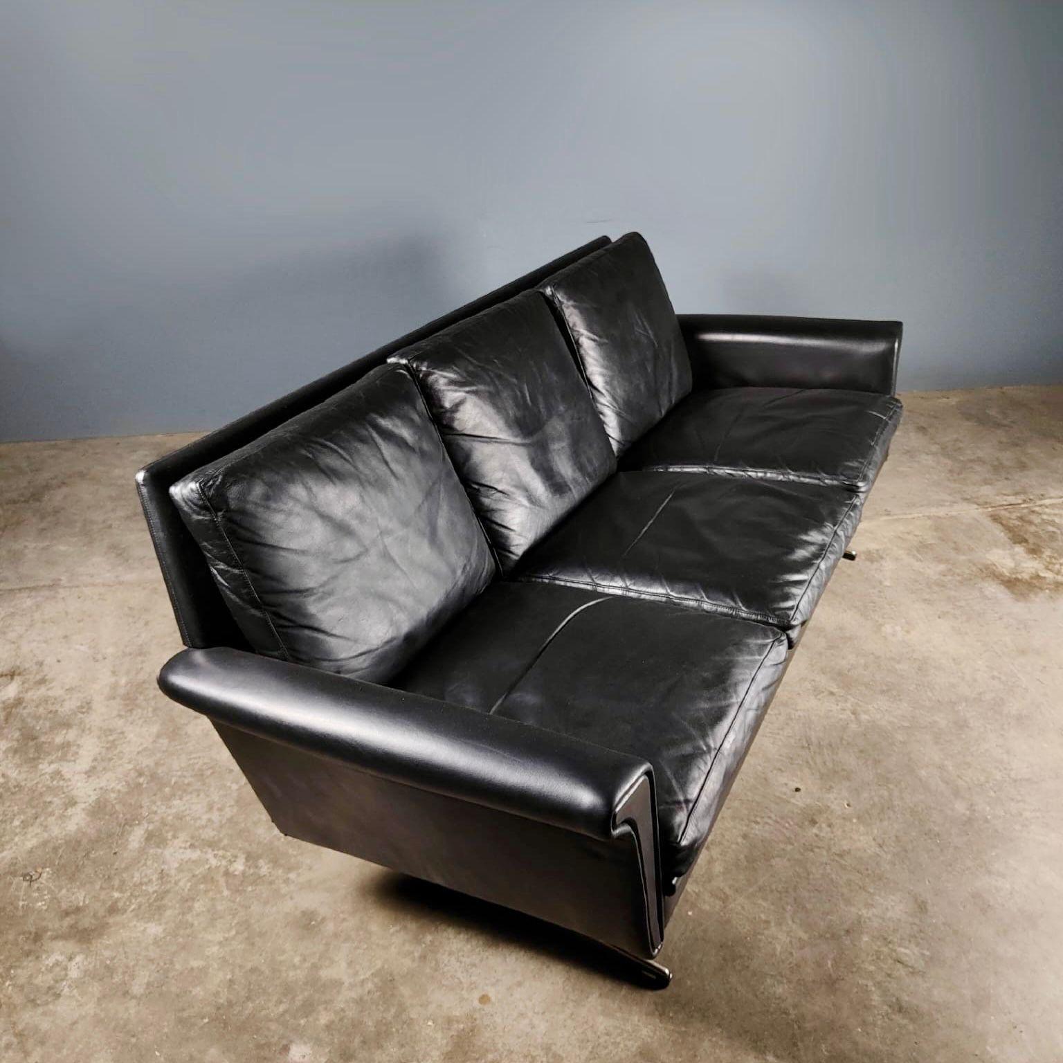 Mid-Century Modern Mid Century Scandinavian Three Seater Black Leather Sofa Vintage Retro MCM