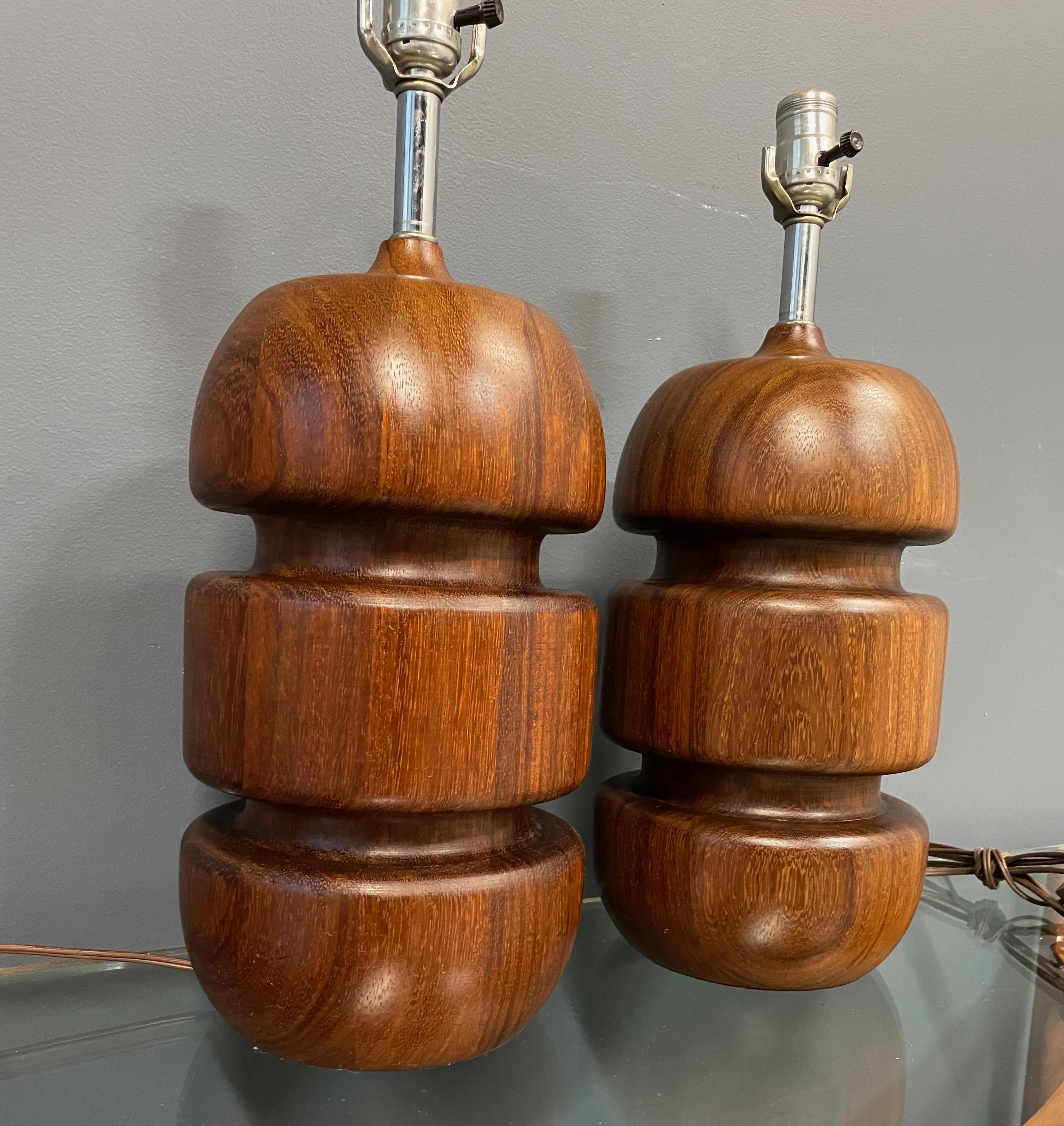 European Mid Century Scandinavian Turned Teak Stacked Table Lamps a Pair For Sale