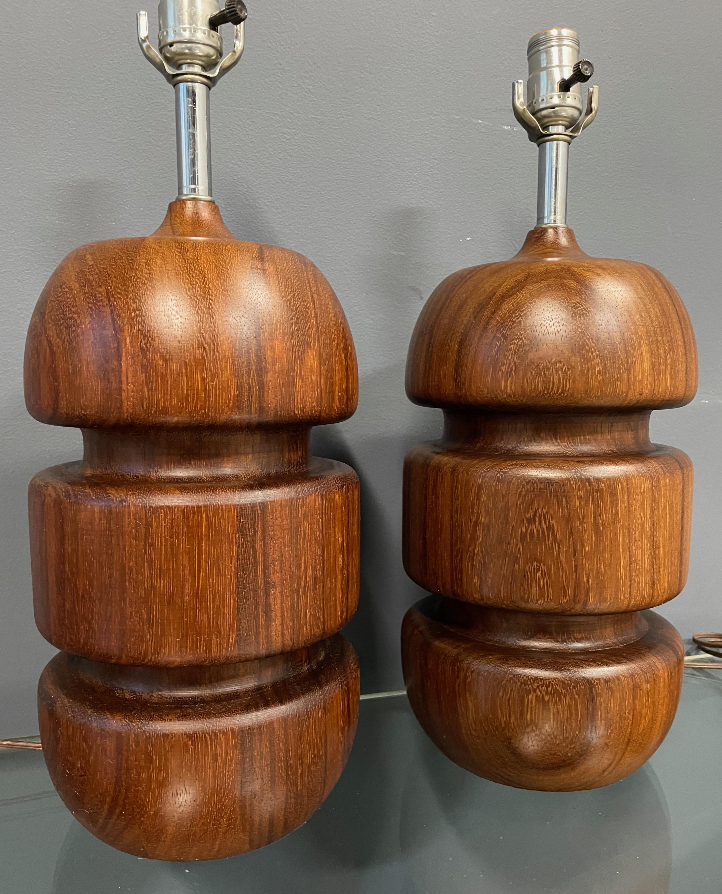 20th Century Mid Century Scandinavian Turned Teak Stacked Table Lamps a Pair For Sale