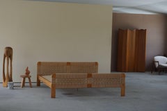 Mid Century Scandinavian Vintage Bed in Solid Pine and Woven Paper Cord, 1960s