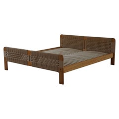 Mid Century Scandinavian Vintage Bed in Solid Pine and Woven Paper Cord, 1960s