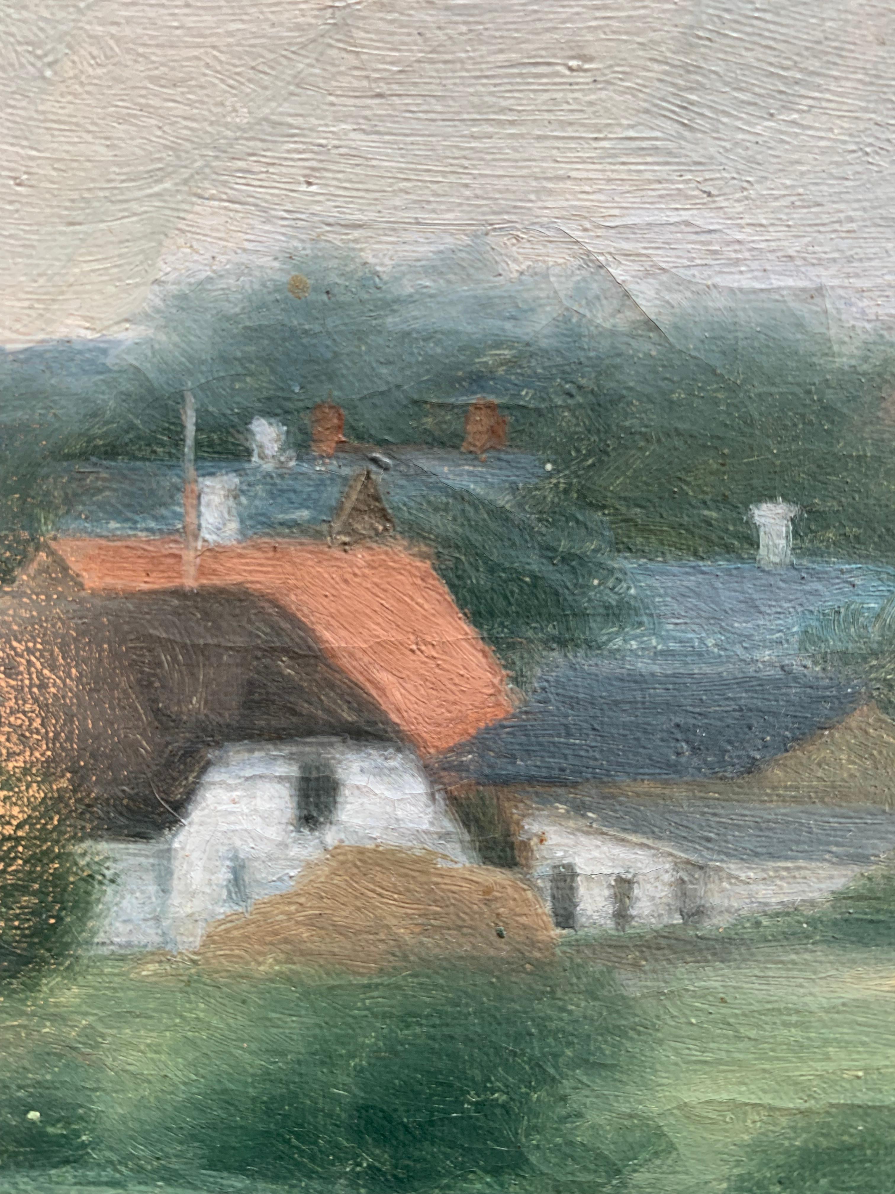Mitte des Jahrhunderts skandinavischen Vintage Öl auf Leinwand Gemälde von Dorf in der Landschaft im Angebot 2