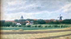 Huile sur toile vintage scandinave du milieu du siècle représentant un village dans un paysage