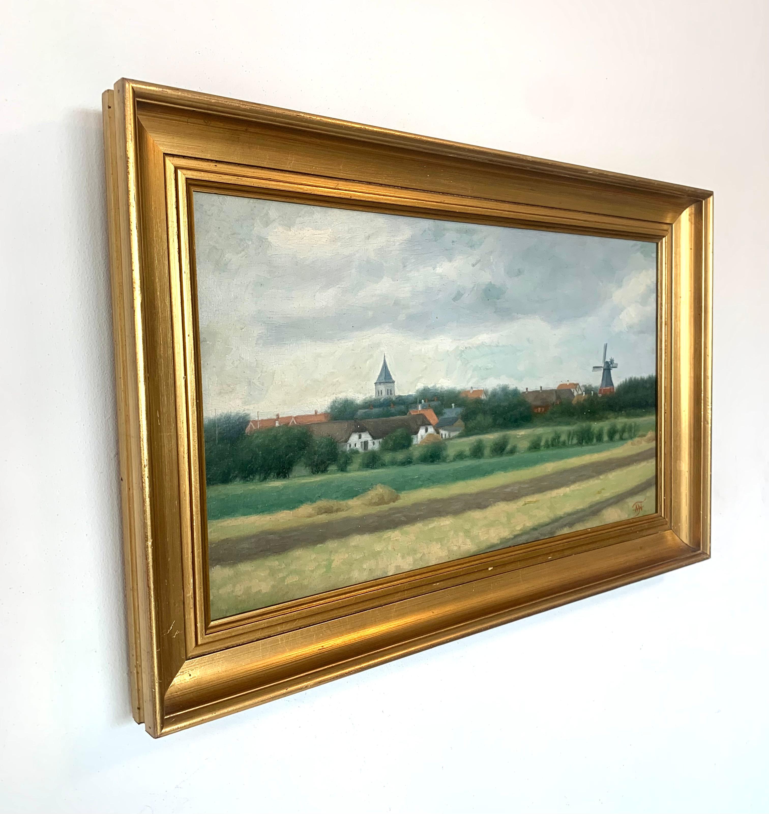 Mitte des Jahrhunderts skandinavischen Vintage Öl auf Leinwand Gemälde von Dorf in der Landschaft (Romantik) im Angebot