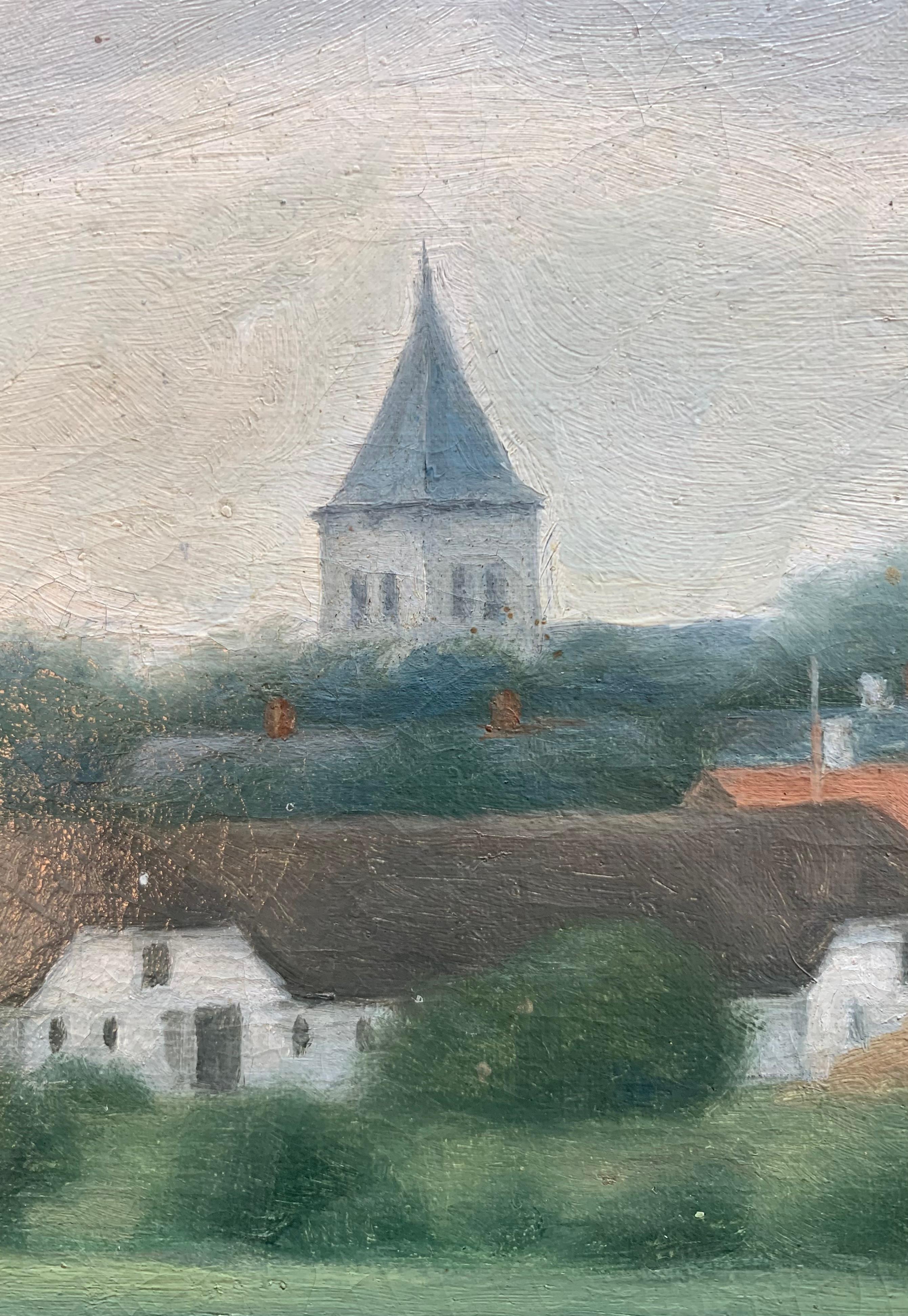 Mitte des Jahrhunderts skandinavischen Vintage Öl auf Leinwand Gemälde von Dorf in der Landschaft (Dänisch) im Angebot