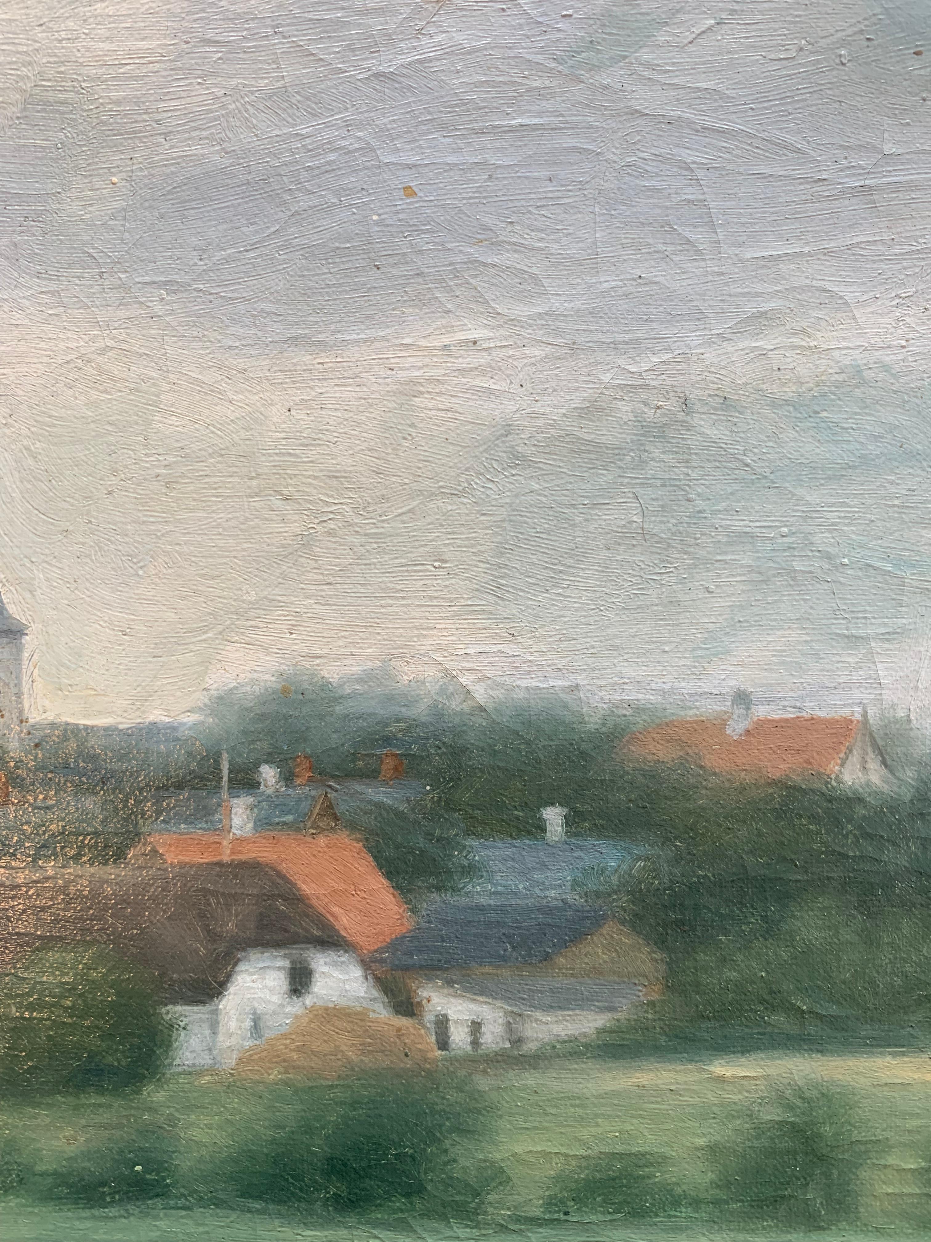 Mitte des Jahrhunderts skandinavischen Vintage Öl auf Leinwand Gemälde von Dorf in der Landschaft (Gemalt) im Angebot