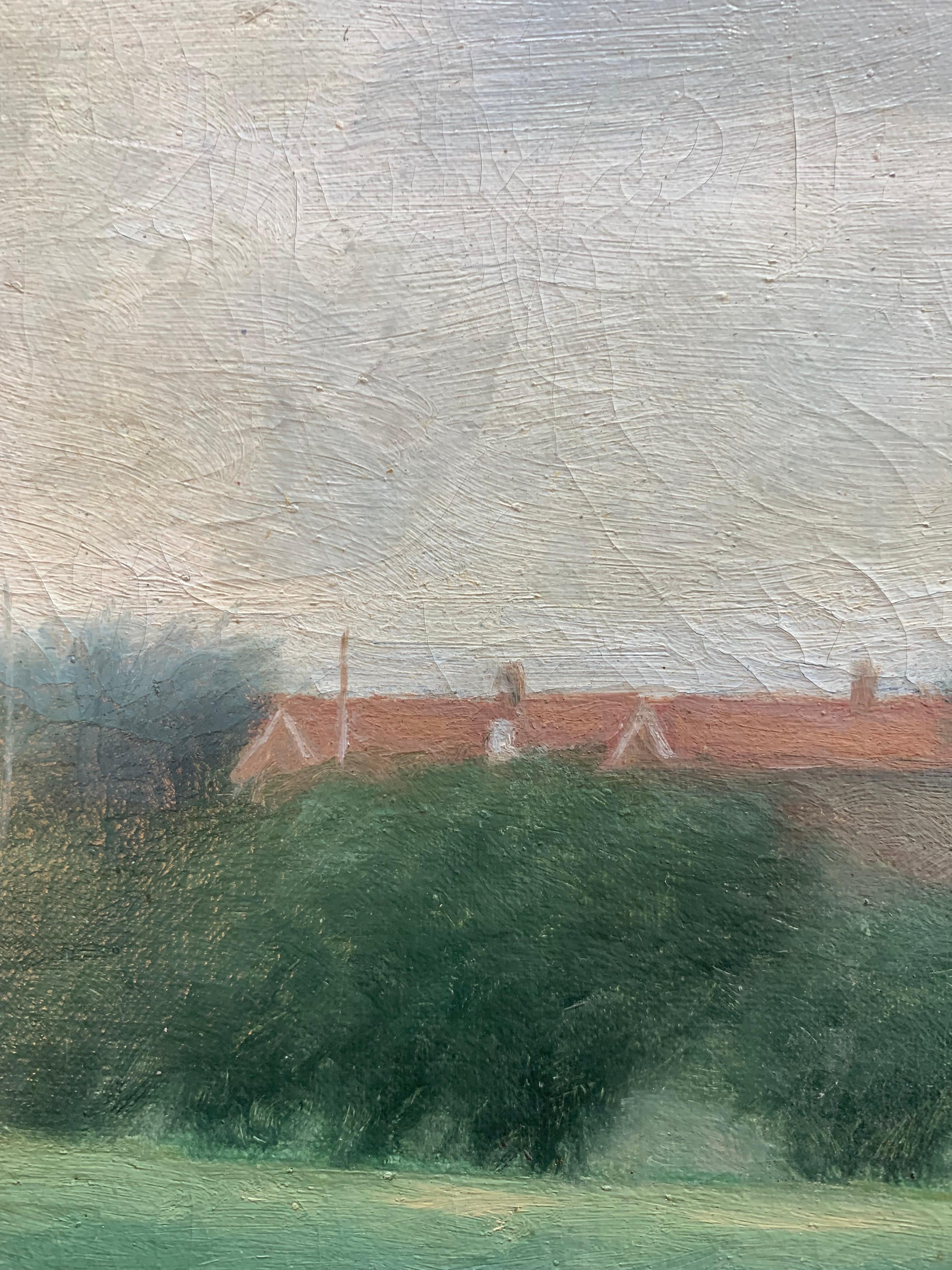Mitte des Jahrhunderts skandinavischen Vintage Öl auf Leinwand Gemälde von Dorf in der Landschaft (20. Jahrhundert) im Angebot