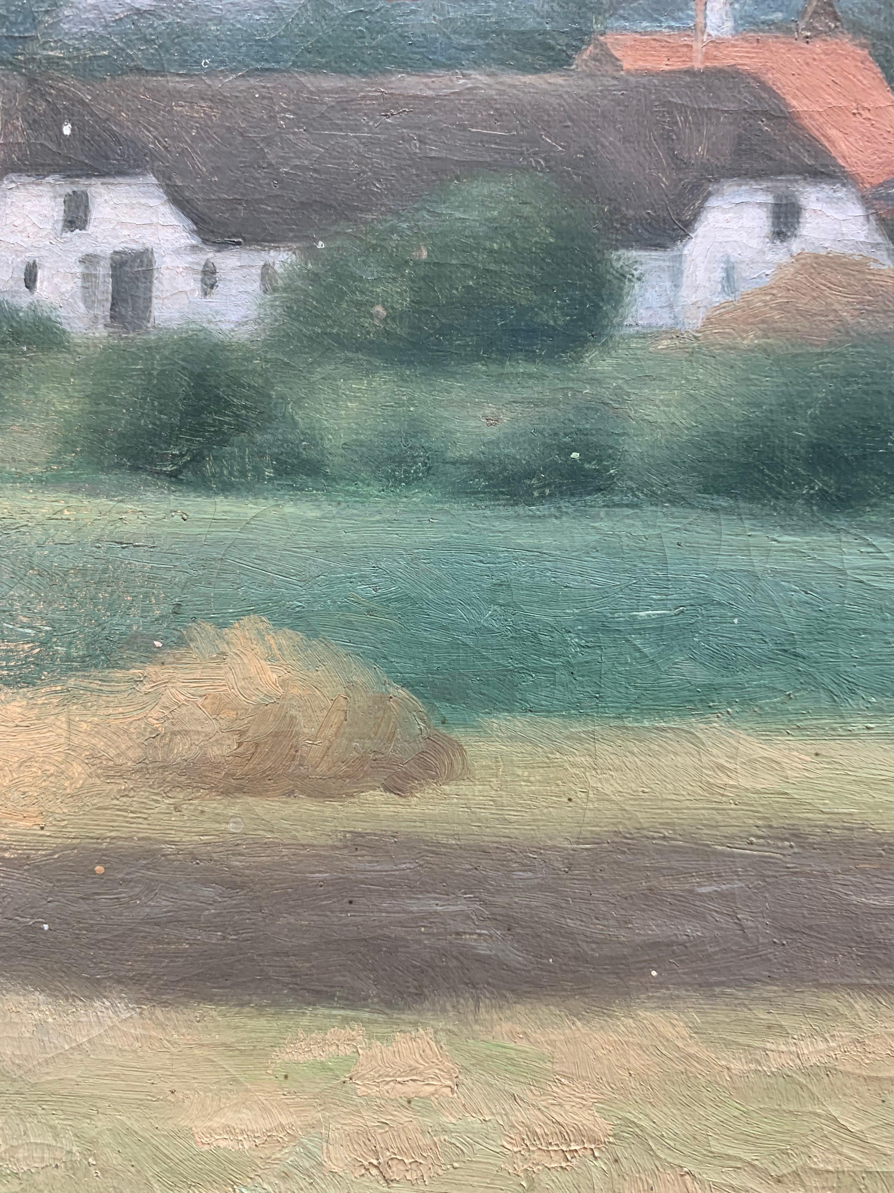 Mitte des Jahrhunderts skandinavischen Vintage Öl auf Leinwand Gemälde von Dorf in der Landschaft (Farbe) im Angebot