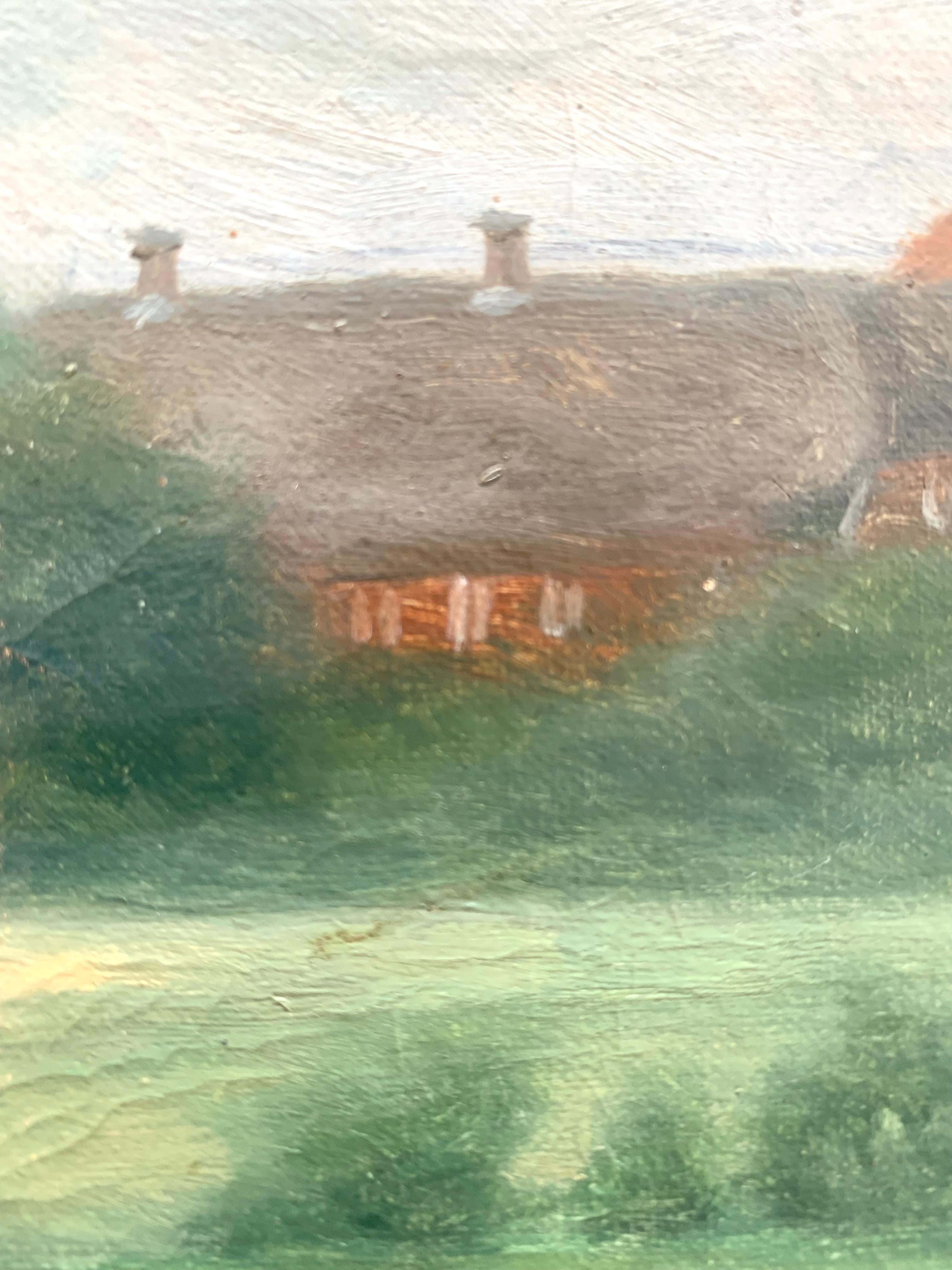 Mitte des Jahrhunderts skandinavischen Vintage Öl auf Leinwand Gemälde von Dorf in der Landschaft im Angebot 1