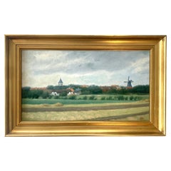Mid century Scandinavian vintage oil on canvas painting of village in landscape