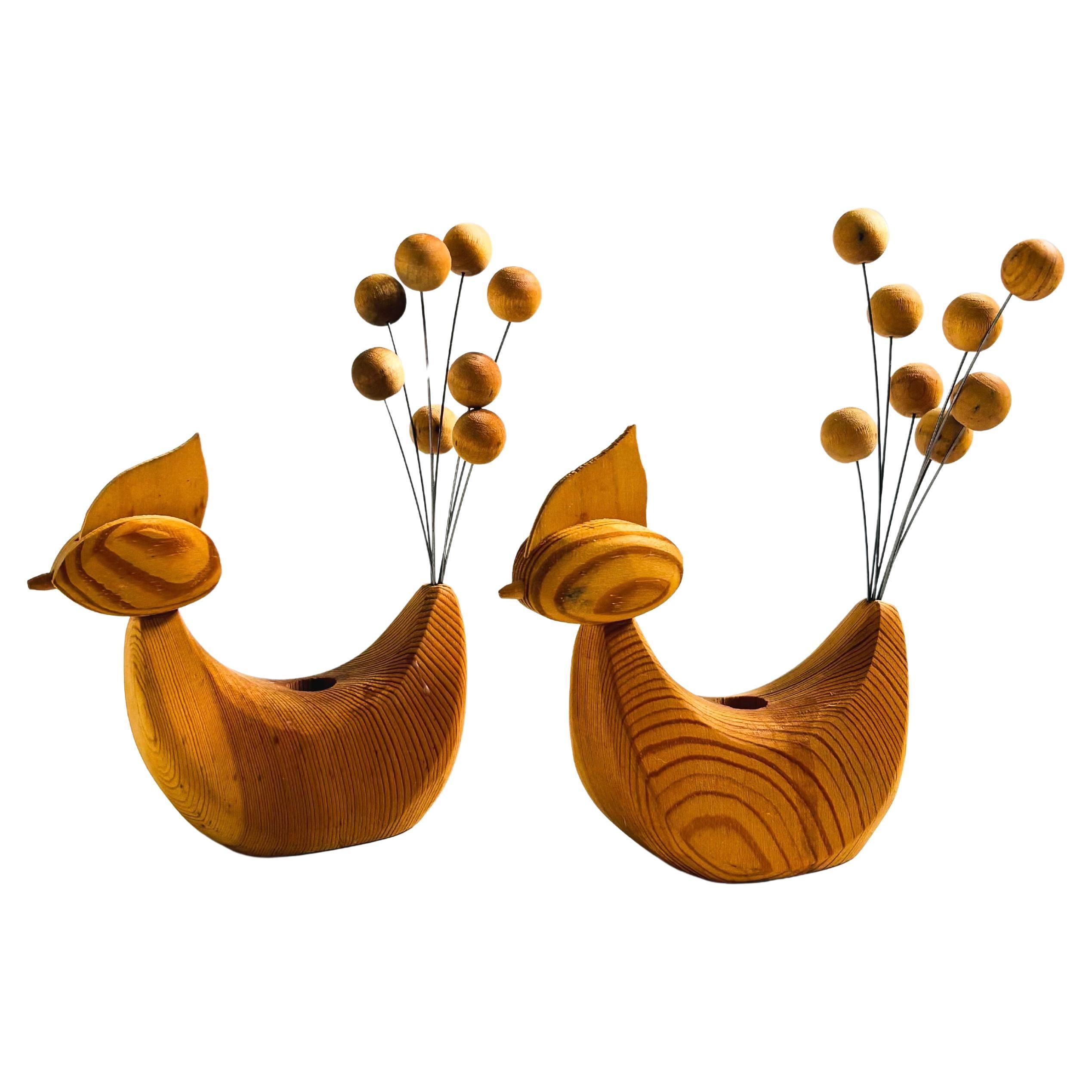 Mid Century Scandinavian Wood Bird Candle Holders - Set of 2 For Sale
