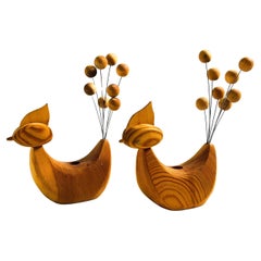 Mid Century Scandinavian Wood Bird Candle Holders - Set of 2