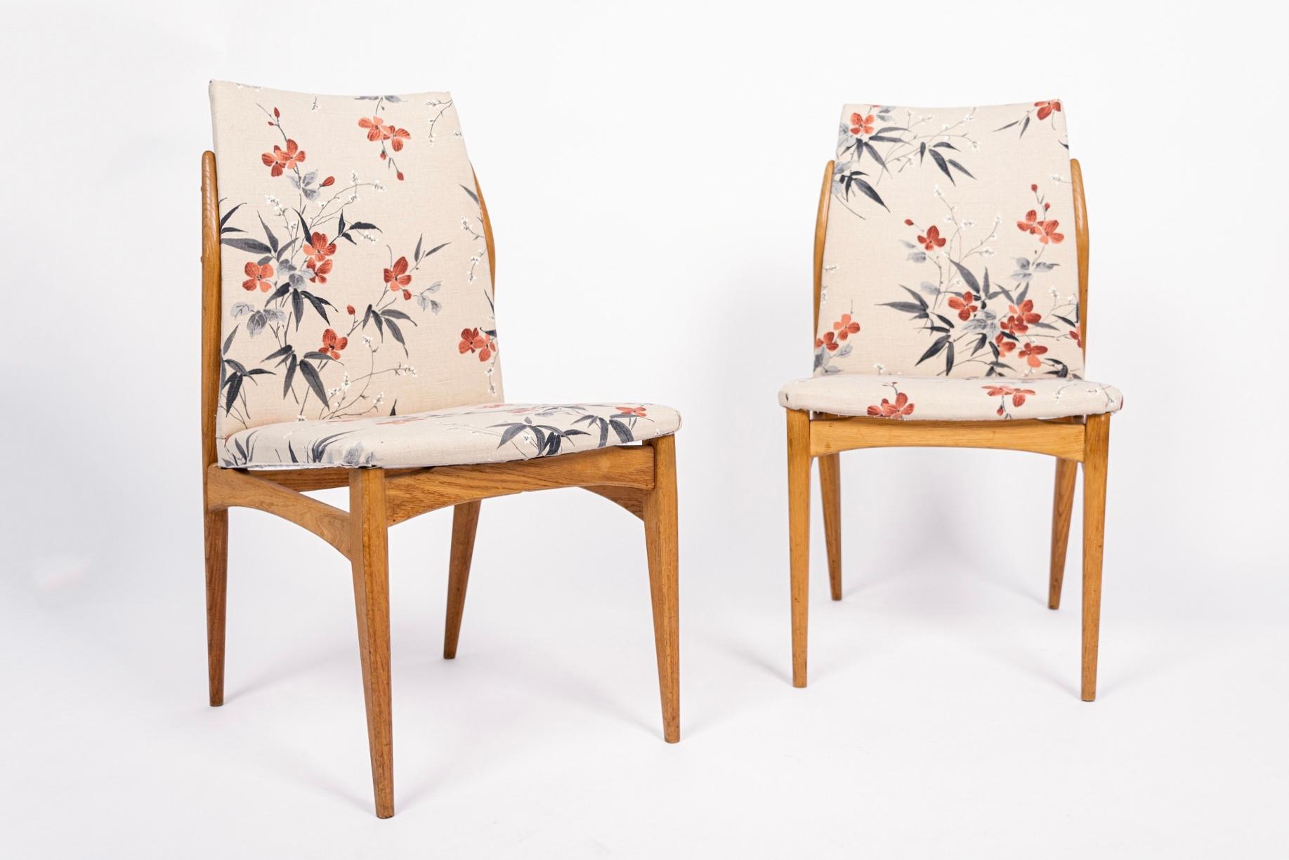 Mid-Century Modern Mid Century Scandinavian Wood & Floral Fabric Side Chairs 1950s For Sale