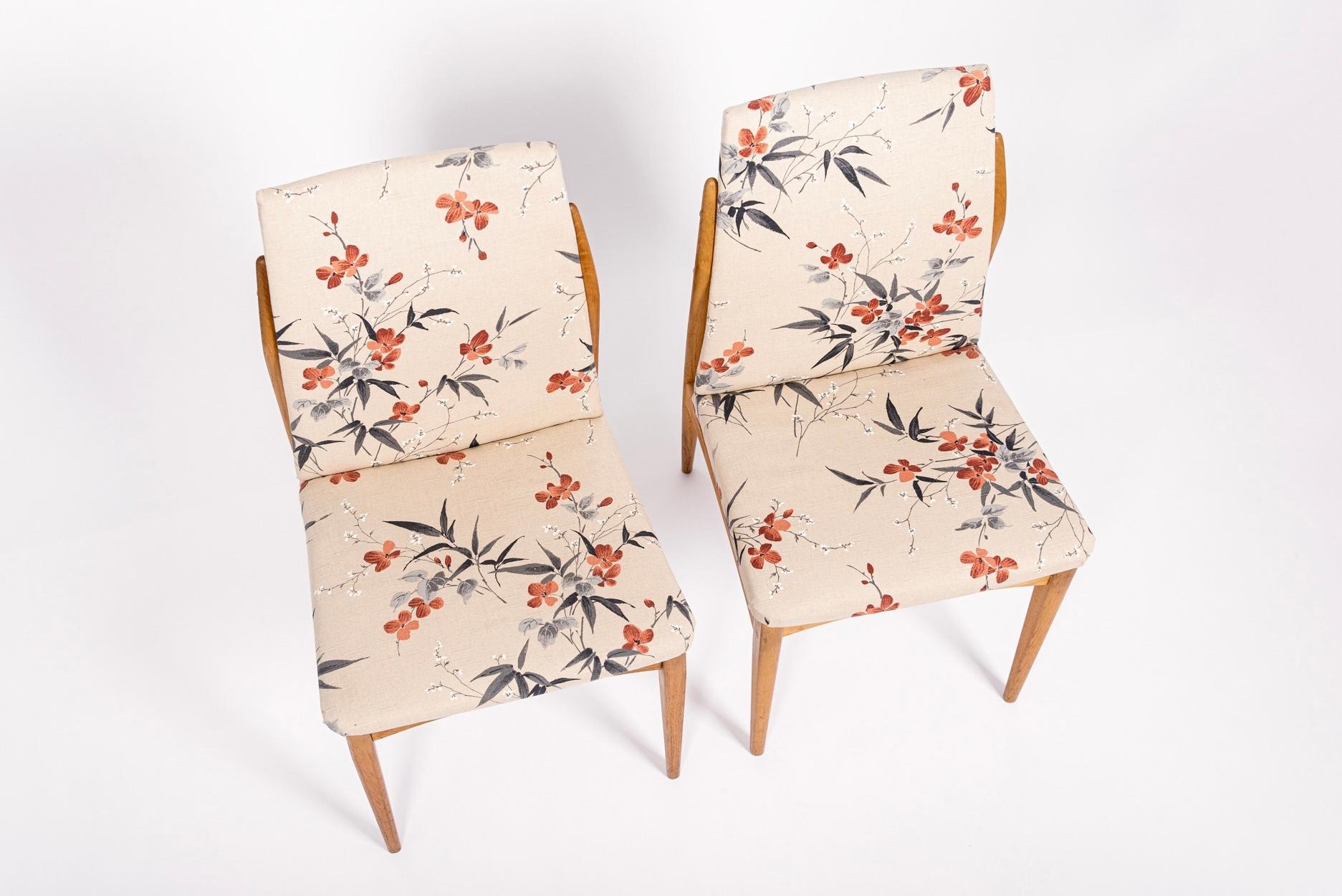 Mid Century Scandinavian Wood & Floral Fabric Side Chairs 1950s For Sale 1