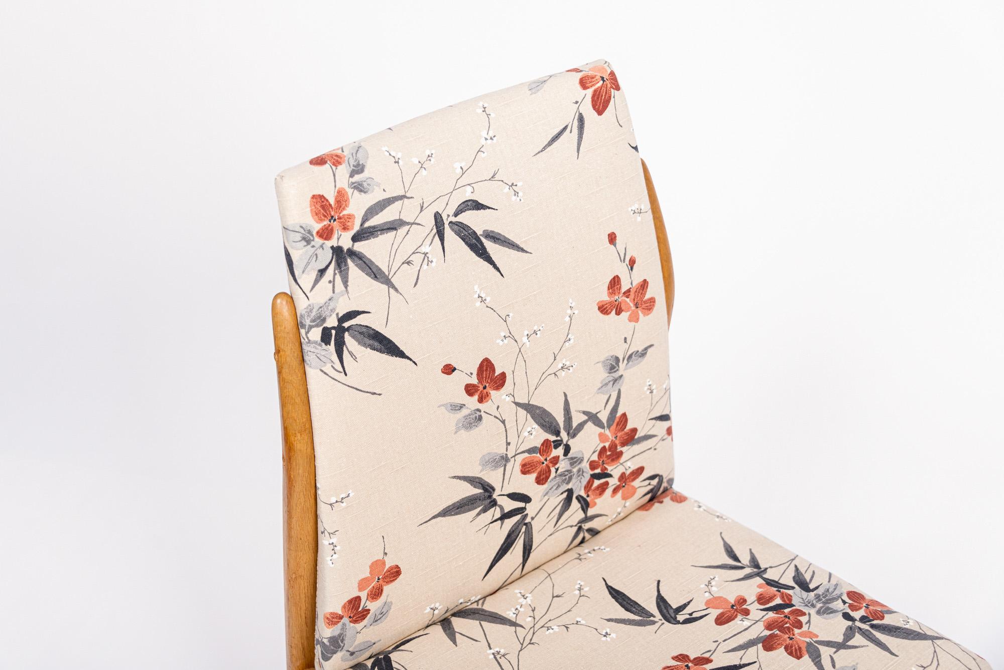 Mid Century Scandinavian Wood & Floral Fabric Side Chairs 1950s For Sale 3