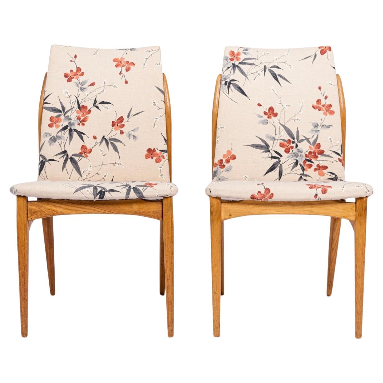 Mid Century Scandinavian Wood & Floral Fabric Side Chairs 1950s For Sale