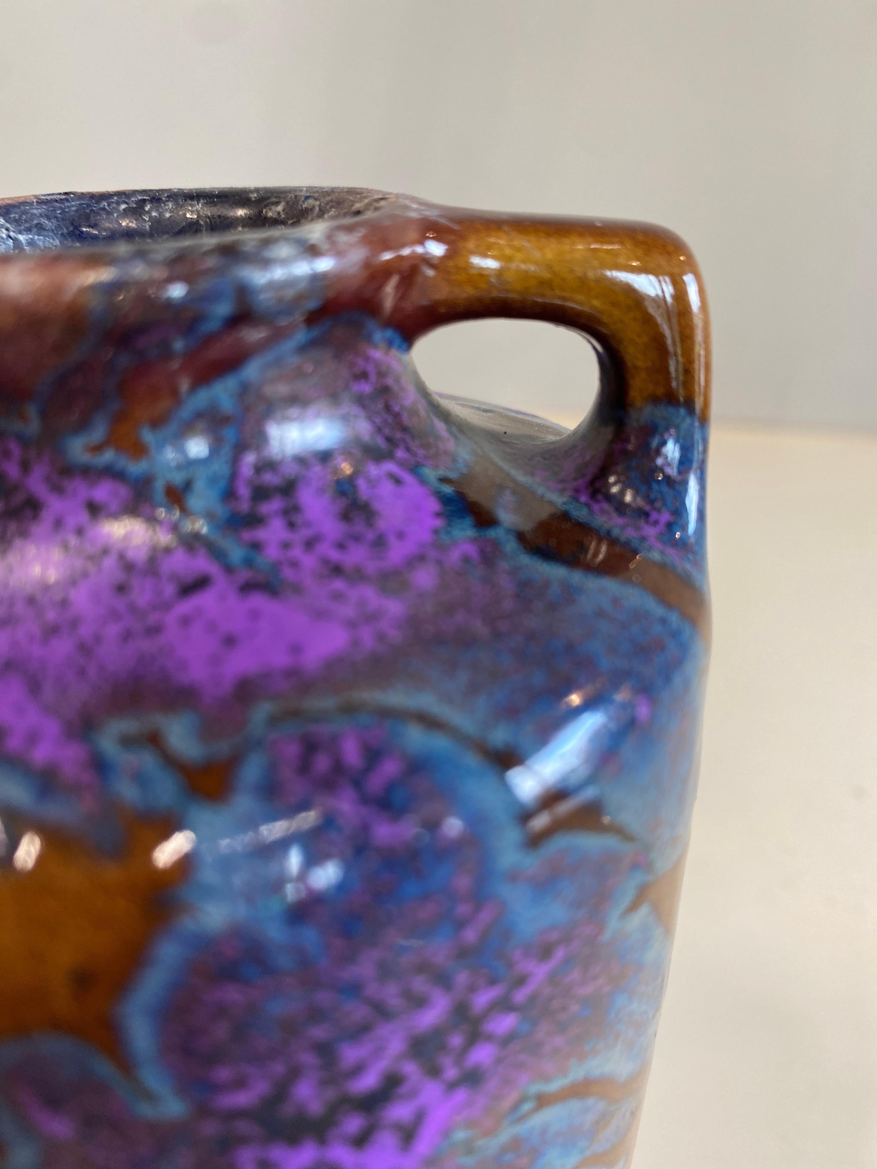 Mid-Century Scheurich Ceramic Vase with Art Nouveau Shape in Brown, Purple, Blue For Sale 4