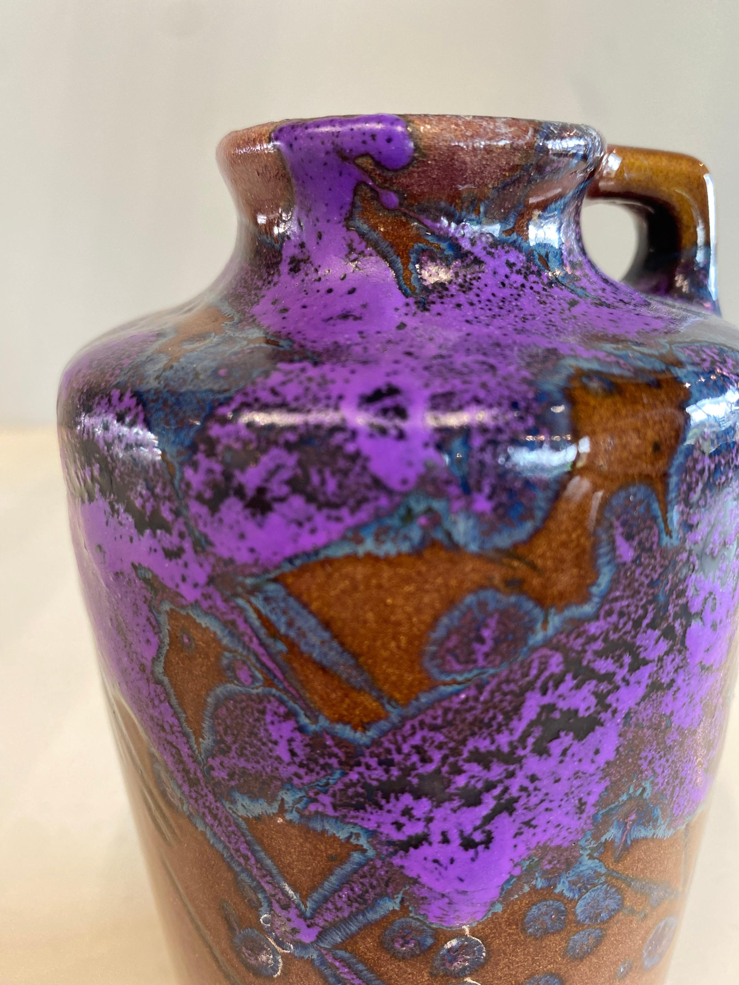 Mid-Century Scheurich Ceramic Vase with Art Nouveau Shape in Brown, Purple, Blue For Sale 5