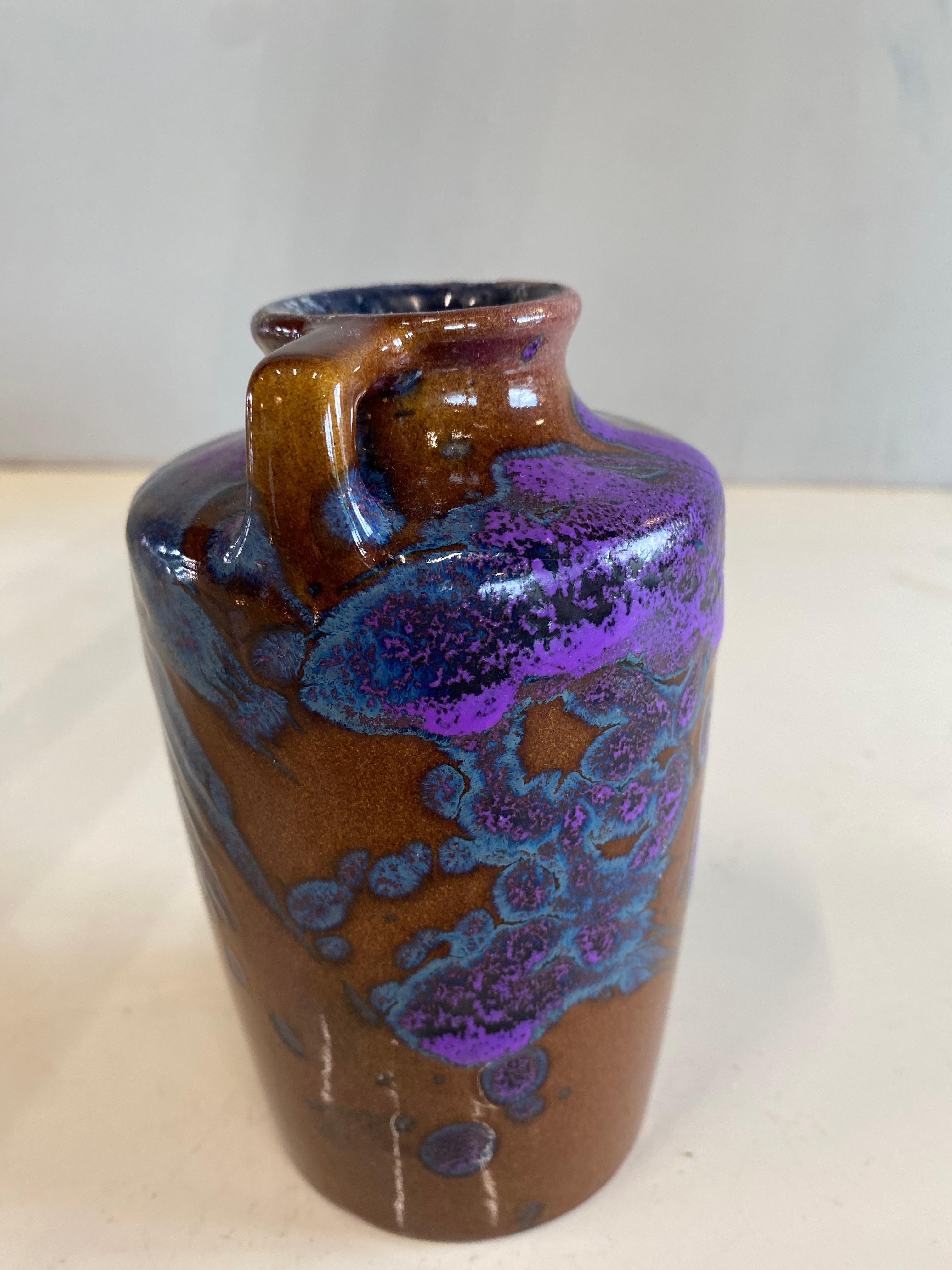 German Mid-Century Scheurich Ceramic Vase with Art Nouveau Shape in Brown, Purple, Blue For Sale
